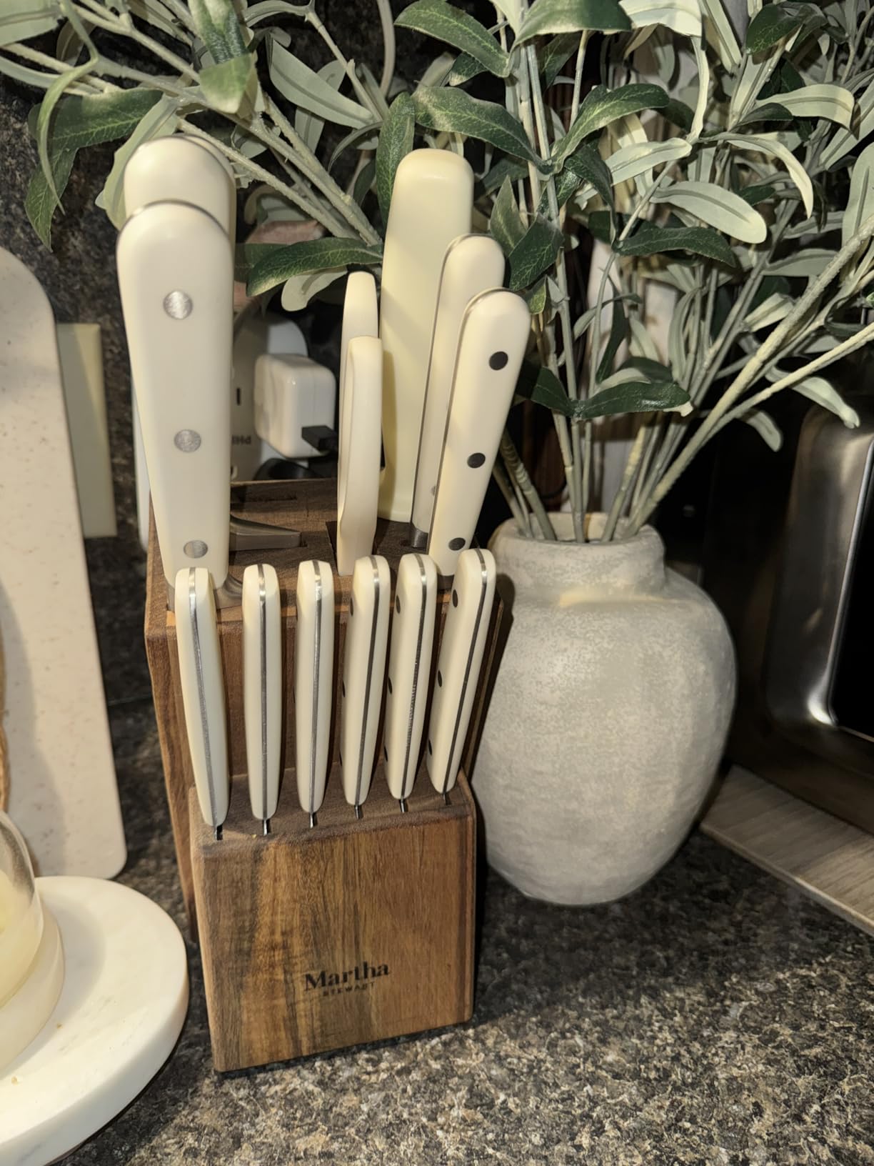 MARTHA STEWART Eastwalk 14 Piece High Carbon Stainless Steel Cutlery Kitchen Knife Block Set w/ABS Triple Riveted Forged Handle Acacia Wood Block - Linen White customer photo 1