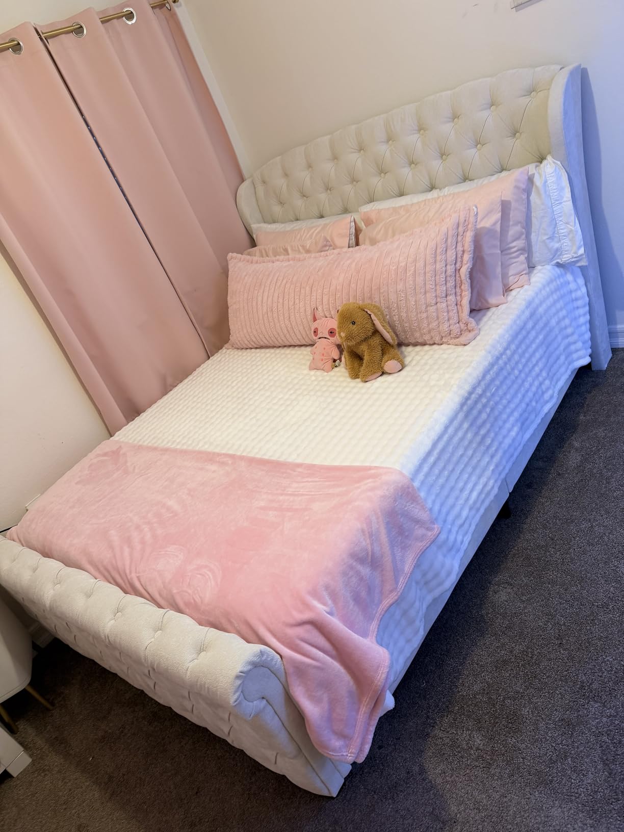 AMERLIFE Queen Size Platform Bed Frame, Chenille Upholstered Sleigh Bed with Scroll Wingback Headboard & Footboard/Button Tufted/No Box Spring Required/Cream customer photo 1