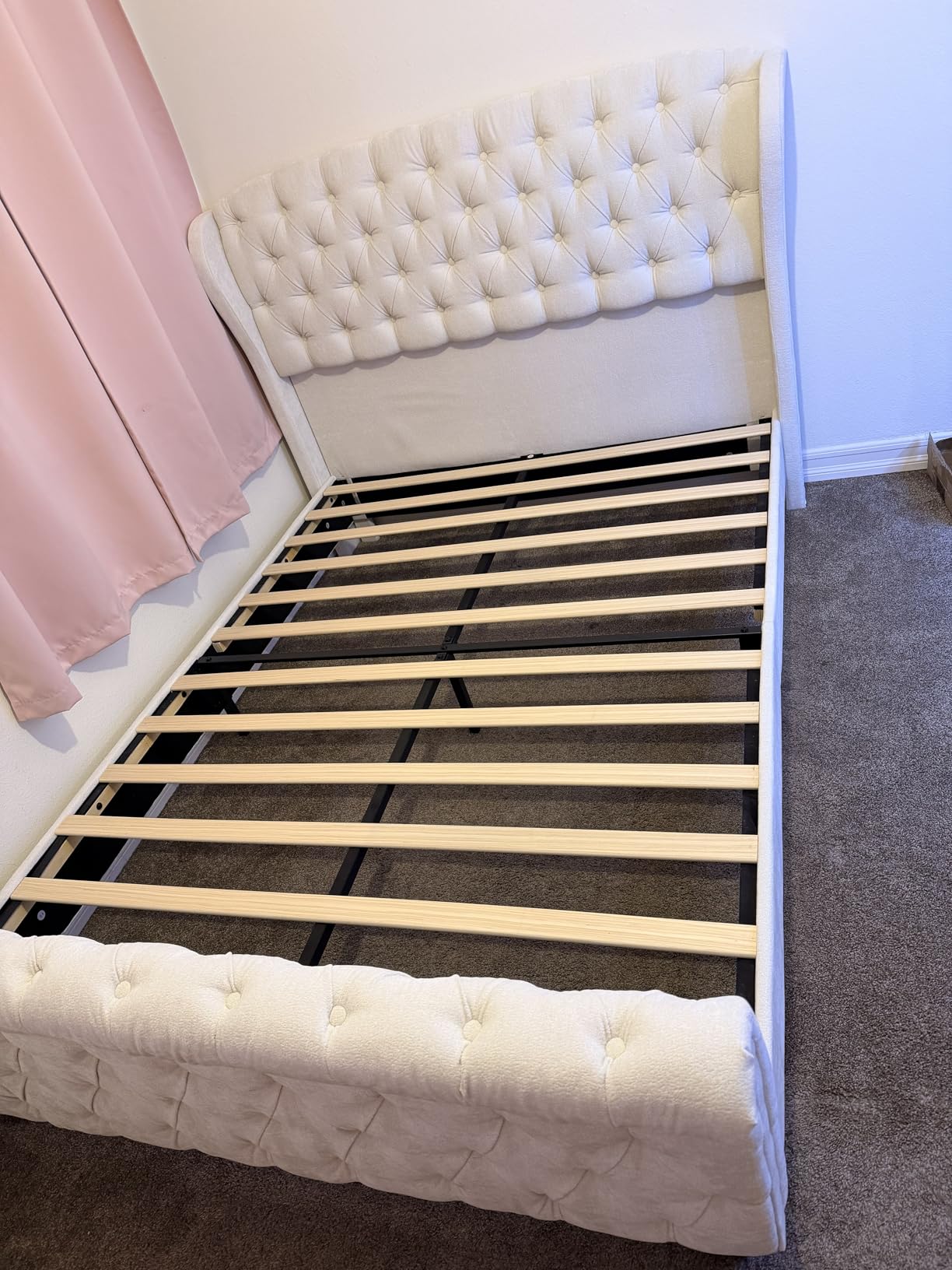 AMERLIFE Queen Size Platform Bed Frame, Chenille Upholstered Sleigh Bed with Scroll Wingback Headboard & Footboard/Button Tufted/No Box Spring Required/Cream customer photo 2