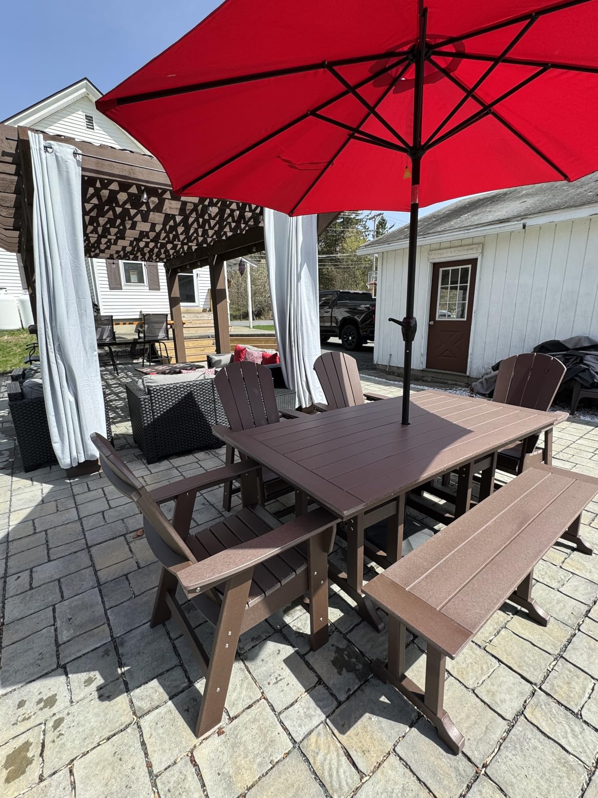 Malibu 6 Piece Adirondack Patio Dining Set with Bench, All Weather Poly Lumber Outdoor Table and Chairs, 71