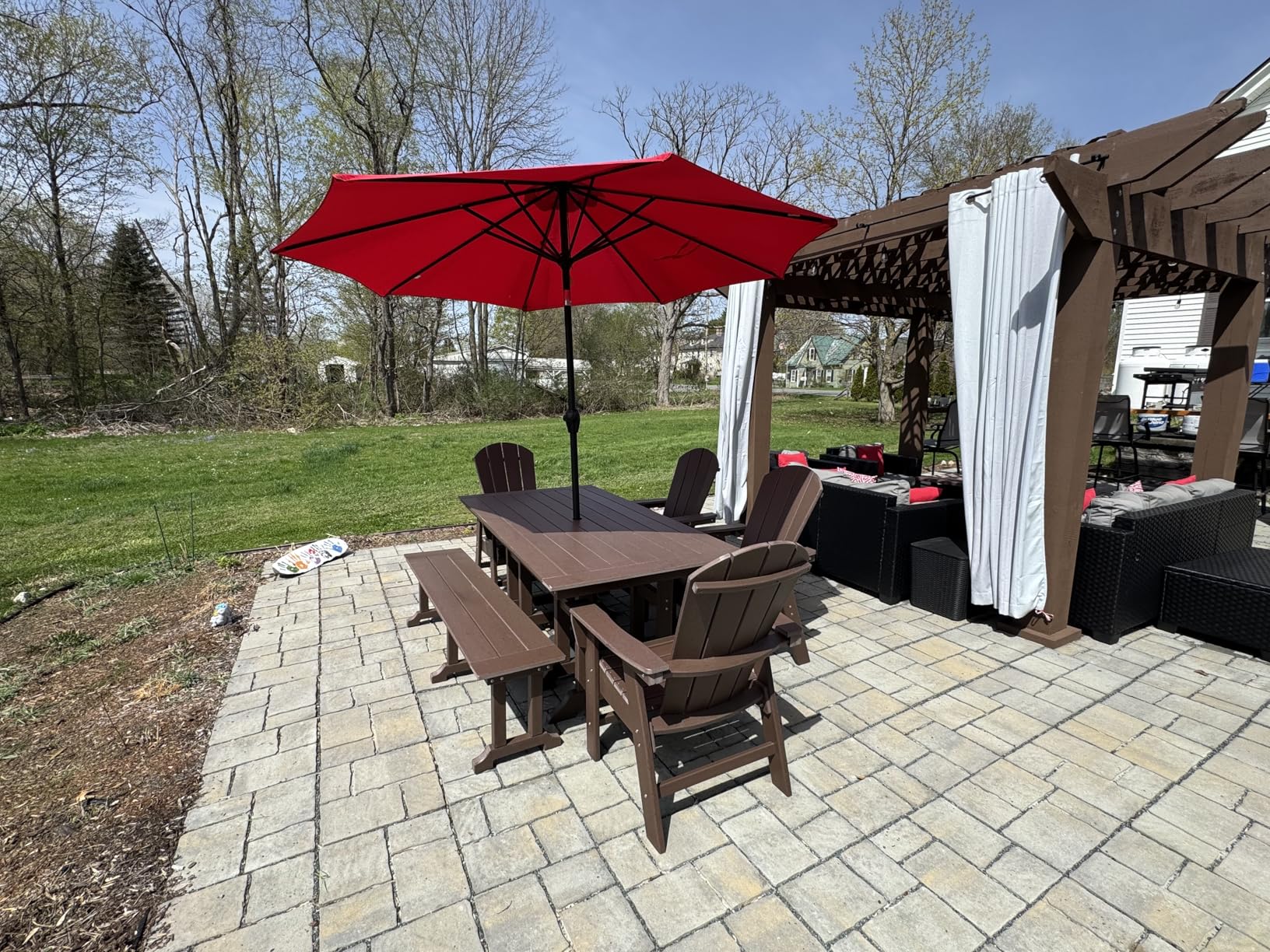 Malibu 6 Piece Adirondack Patio Dining Set with Bench, All Weather Poly Lumber Outdoor Table and Chairs, 71