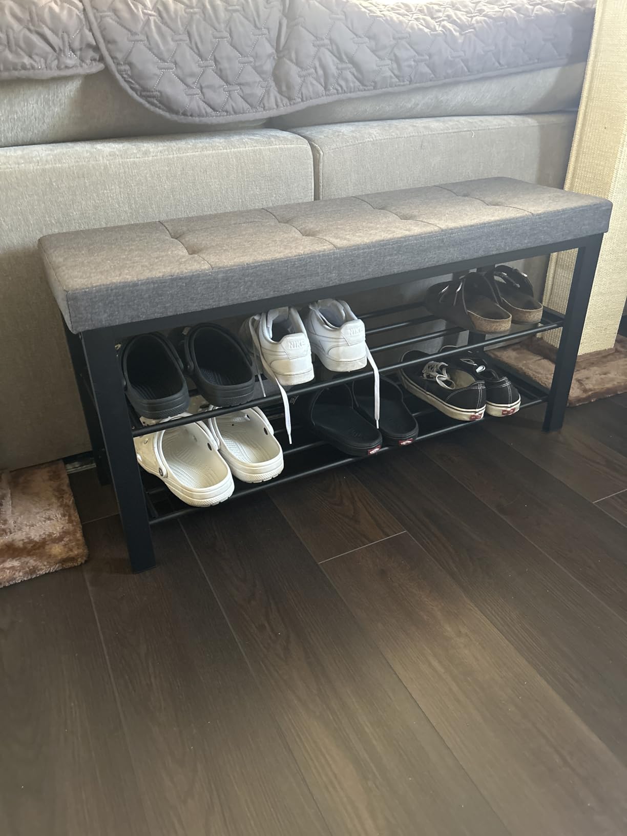 SONGMICS Shoe Bench, Storage Bench, Entryway Bench with Cushion, Shoe Shelf with Seat, Space-Saving, Modern Style, for Living Room, Bedroom, Hallway, Dark Gray and Ink Black ULBS576B33 customer photo 2