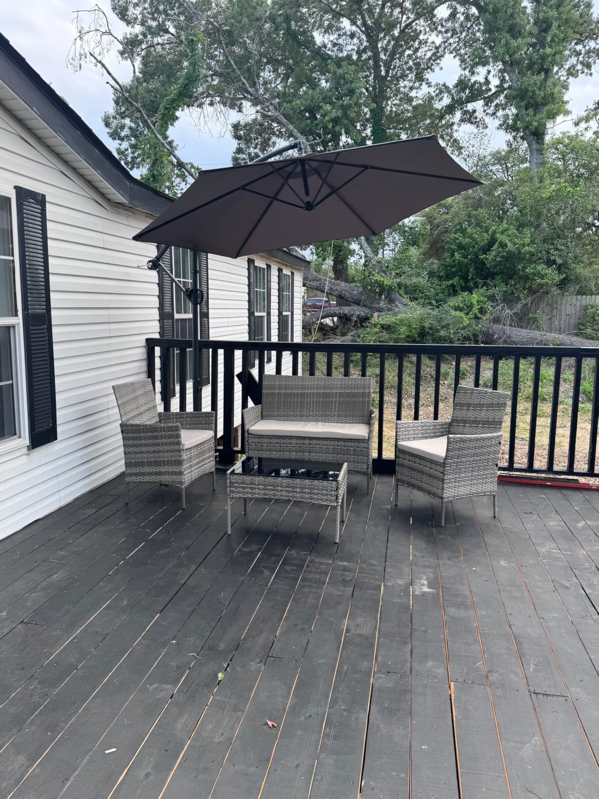 Shintenchi Offset Patio Umbrella with Easy Tilt Adjustment, Crank and Cross Base, Outdoor Cantilever Hanging Umbrella, Sunshade Free Standing Canopy, Dark Gray customer photo 2