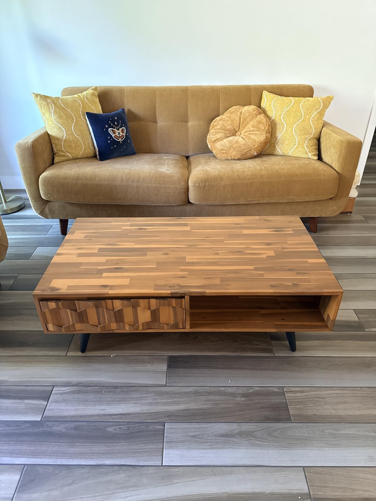 Bme Georgina Solid Wood Coffee Table, 2 Drawers & Open Shelves, Mid Century Modern Center Table, 110 cm, Teak Brown, Pre-Assembled customer photo 1
