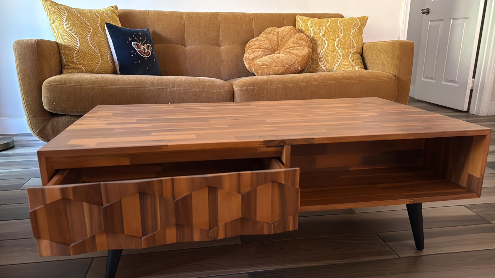 Bme Georgina Solid Wood Coffee Table, 2 Drawers & Open Shelves, Mid Century Modern Center Table, 110 cm, Teak Brown, Pre-Assembled customer photo 2