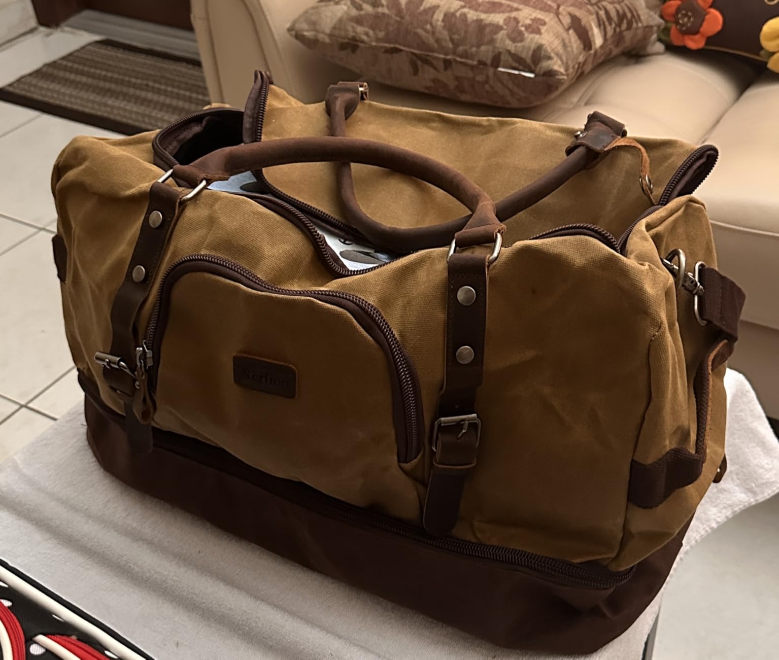 Nerlion Weekender Bag with Shoe Compartment Large Overnight Bag for Men Canvas Genuine Leather Carry on Luggage Bag Travel Duffel Bag customer photo 1