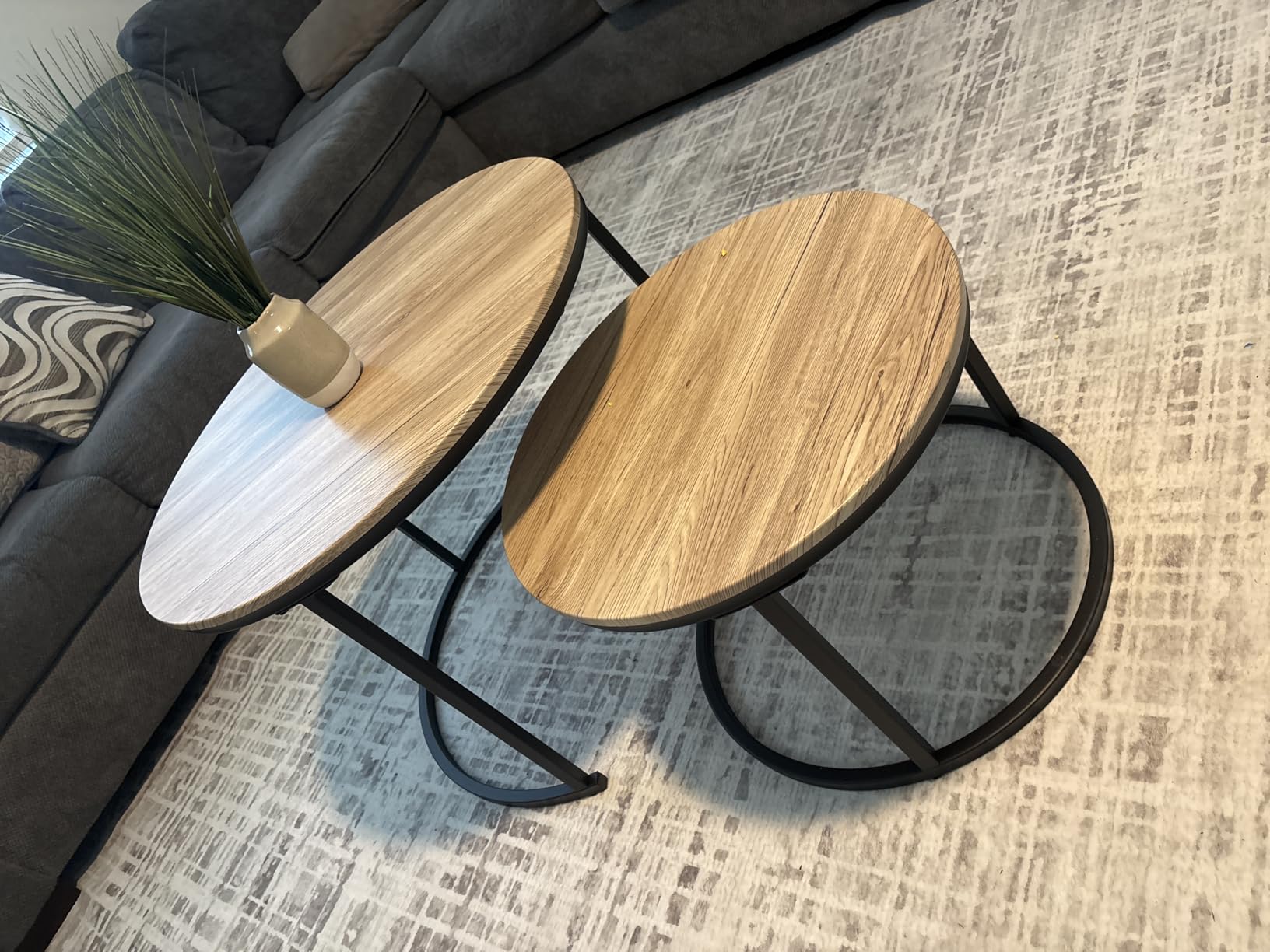 HOJINLINERO Round Coffee Table, Nesting Coffee Table Set of 2, Center Tables for Living Room, Office, Home Small Space, Stacking Side Tables, Sturdy and Easy Assembly, Wood Desktop, Black+White Oak, Small customer photo 1