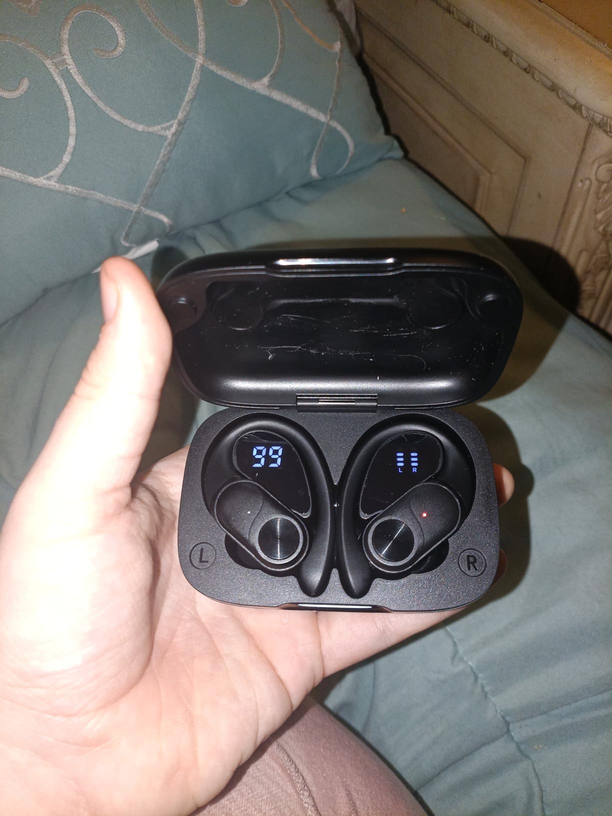 PocBuds Bluetooth Headphones Wireless Earbuds 80hrs Playtime Wireless Charging Case Digital Display Sports Ear Buds with Earhook Deep Bass IPX7 Waterproof Over-Ear Earphones for TV Phone Laptop Black customer photo 2