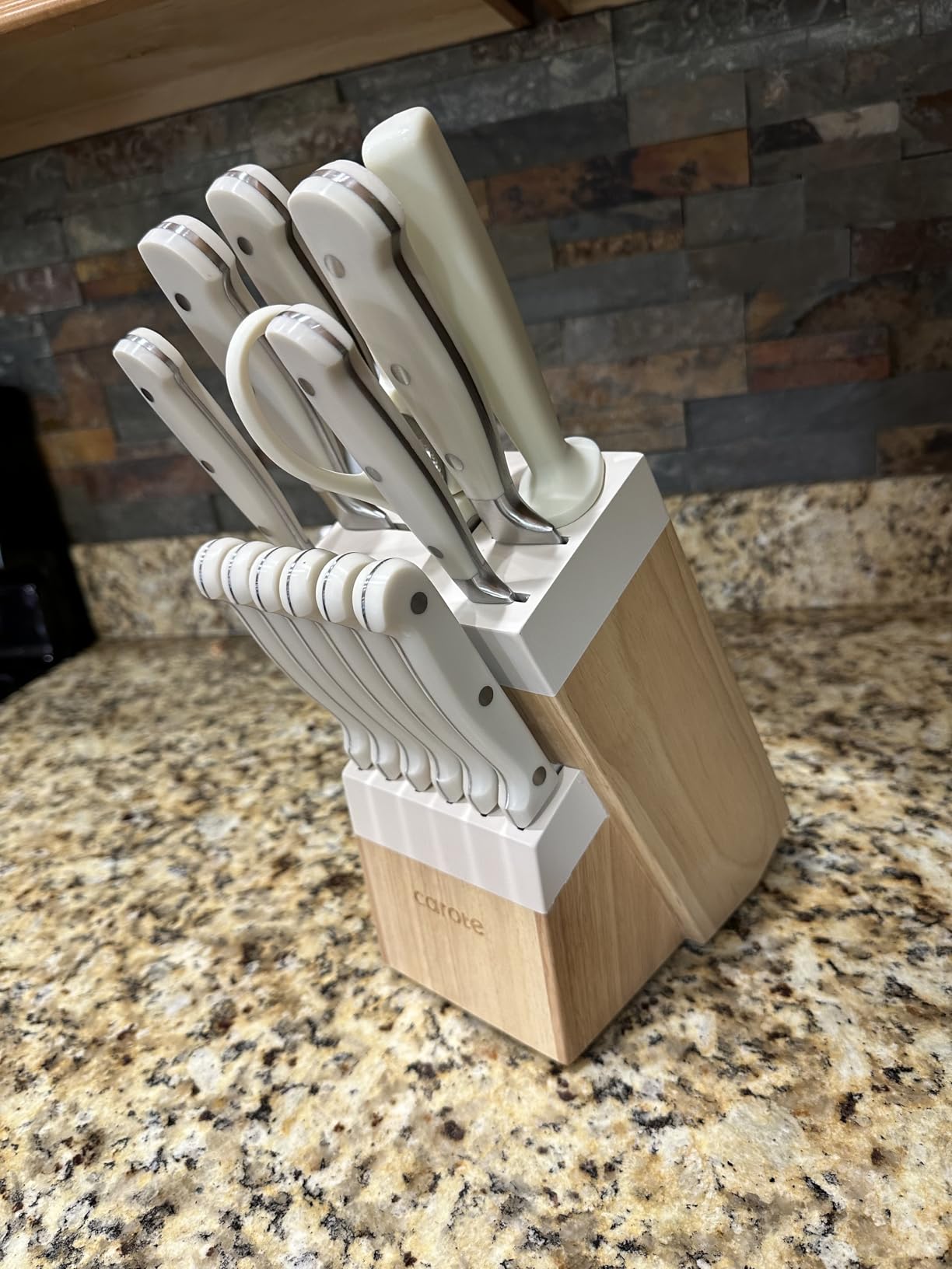 CAROTE 14-Piece Knife Set with Wood Block, Rust-Resistant, Cream | Razor-Sharp High Carbon Stainless Steel Knives, Long-Lasting Sharpness, Forged, Triple-Riveted Ergonomic Non-Slip Handles customer photo 2