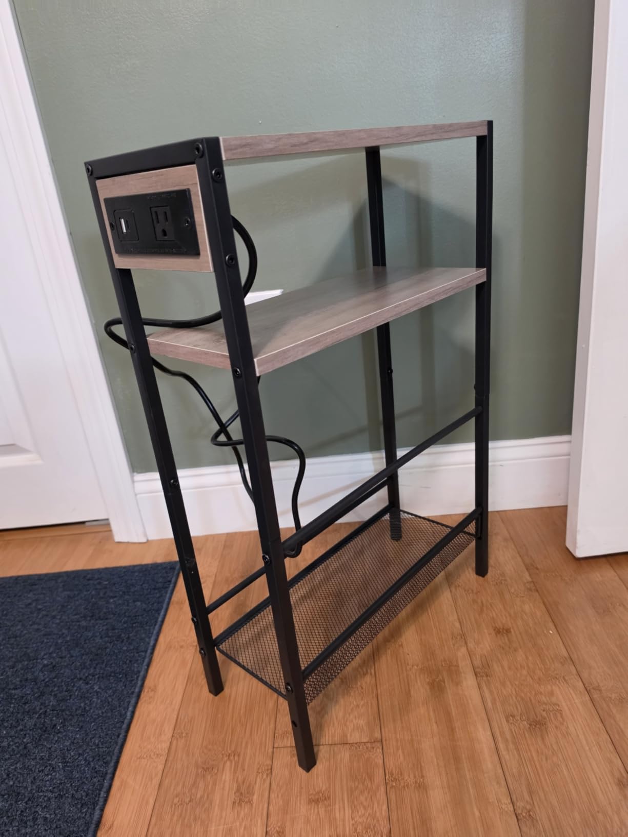 HOOBRO Small Narrow Side Table with Charging Station, Skinny End Table for Small Spaces, Slim Nightstand with USB Ports Outlet, Sofa Beside Table with Storage Shelf, Rustic Brown and Black BF102UBZ01 customer photo 2