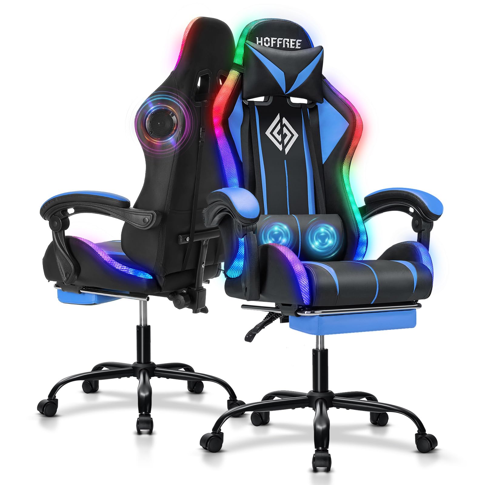 Gaming Chair with Bluetooth Speakers and RGB LED Lights Ergonomic Massage Video Game Chair with Footrest High Back with Lumbar Support Blue and Black customer photo 1