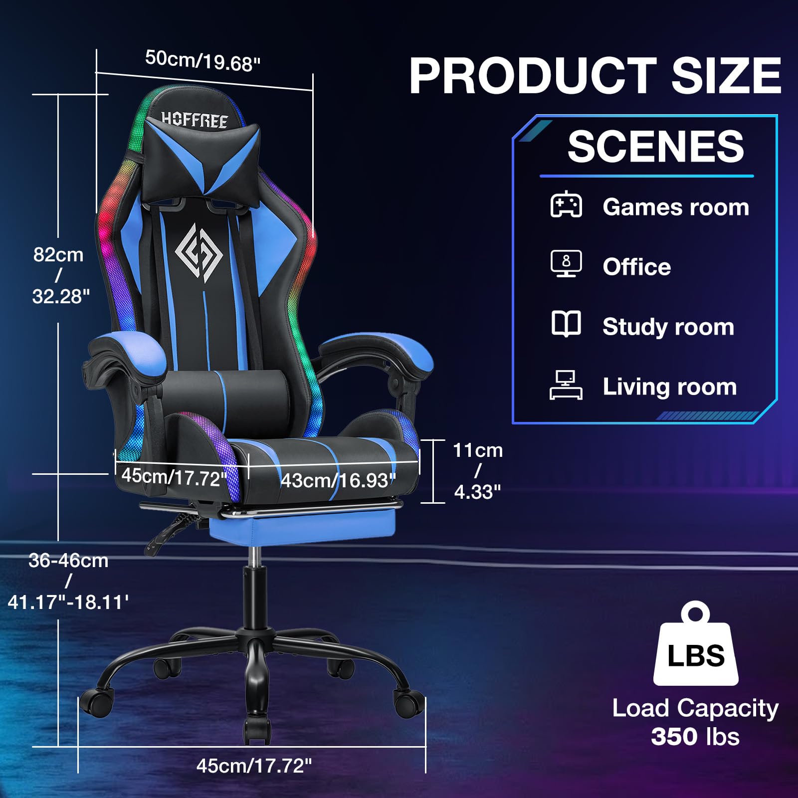 Gaming Chair with Bluetooth Speakers and RGB LED Lights Ergonomic Massage Video Game Chair with Footrest High Back with Lumbar Support Blue and Black customer photo 2