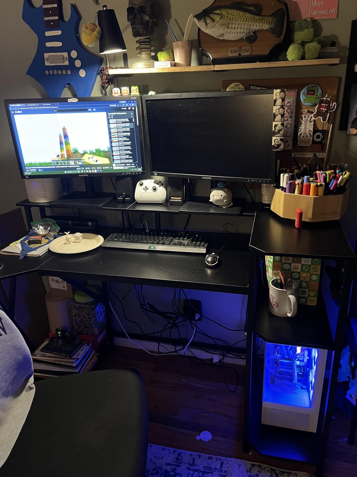SEDETA Gaming Desk 70.8'' with LED Lights and Storage Shelves, Computer Desk with Monitor Stand, Power Outlets and Cup Holder, Large PC Gamer Desk, Gaming Table for Bedroom, Living Room, Black customer photo 1