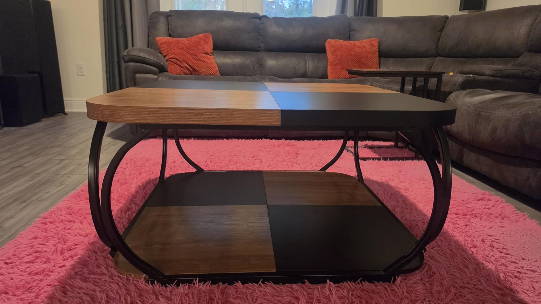 Tribesigns Square Coffee Table with 2 Tiers, 40 inches Low Farmhouse Coffee Table with Wood Storage Shelf Heavy Duty Metal Curved Frame for Modern Living Room, Black Rustic Brown customer photo 2