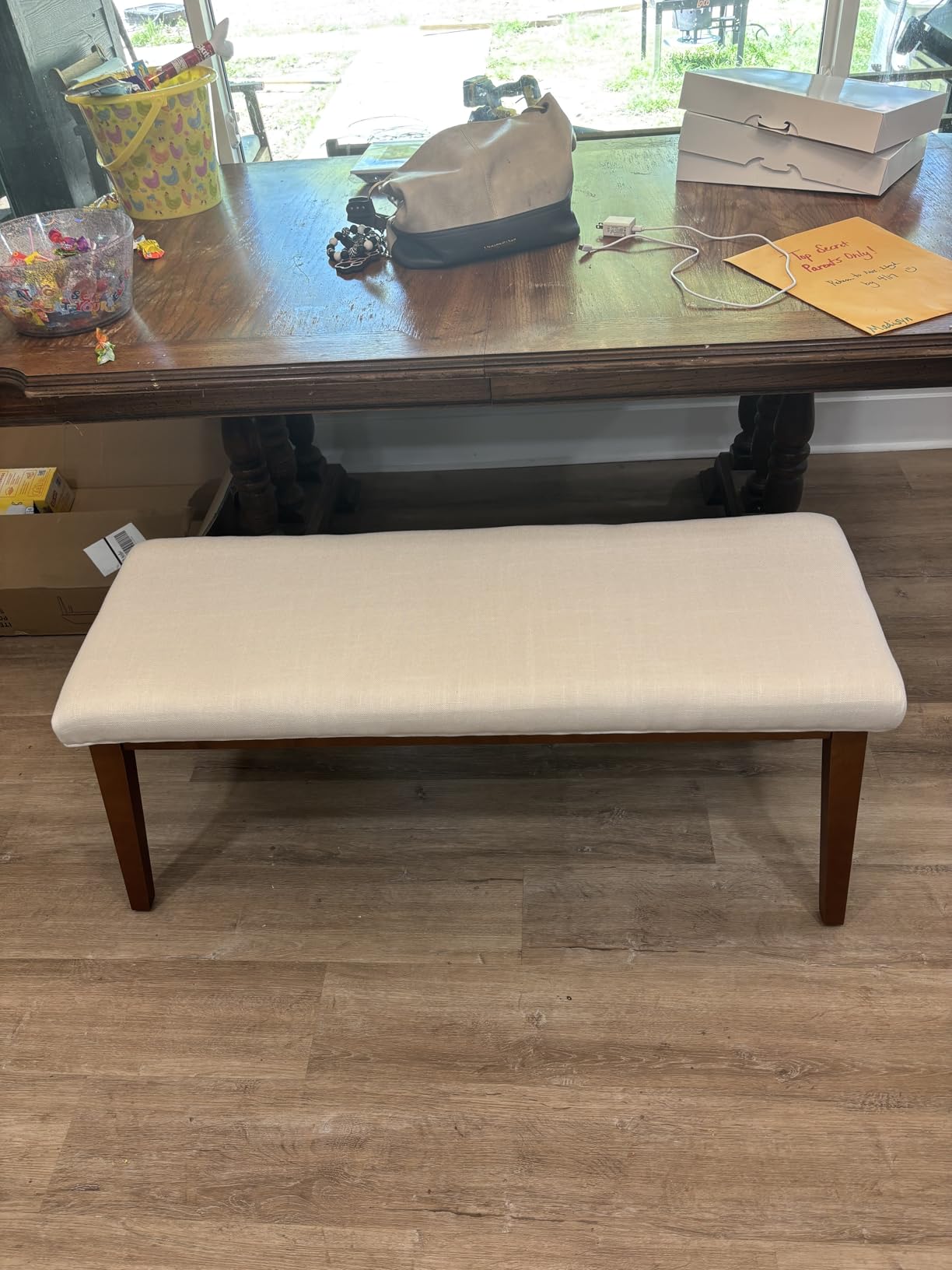 kinmars Upholstered Bench for Bedroom End of Bed, 42.5-inch Entryway Bench for Living Room, Dining Bench with Padded Seat and Solid Wood Leg, Beige customer photo 1