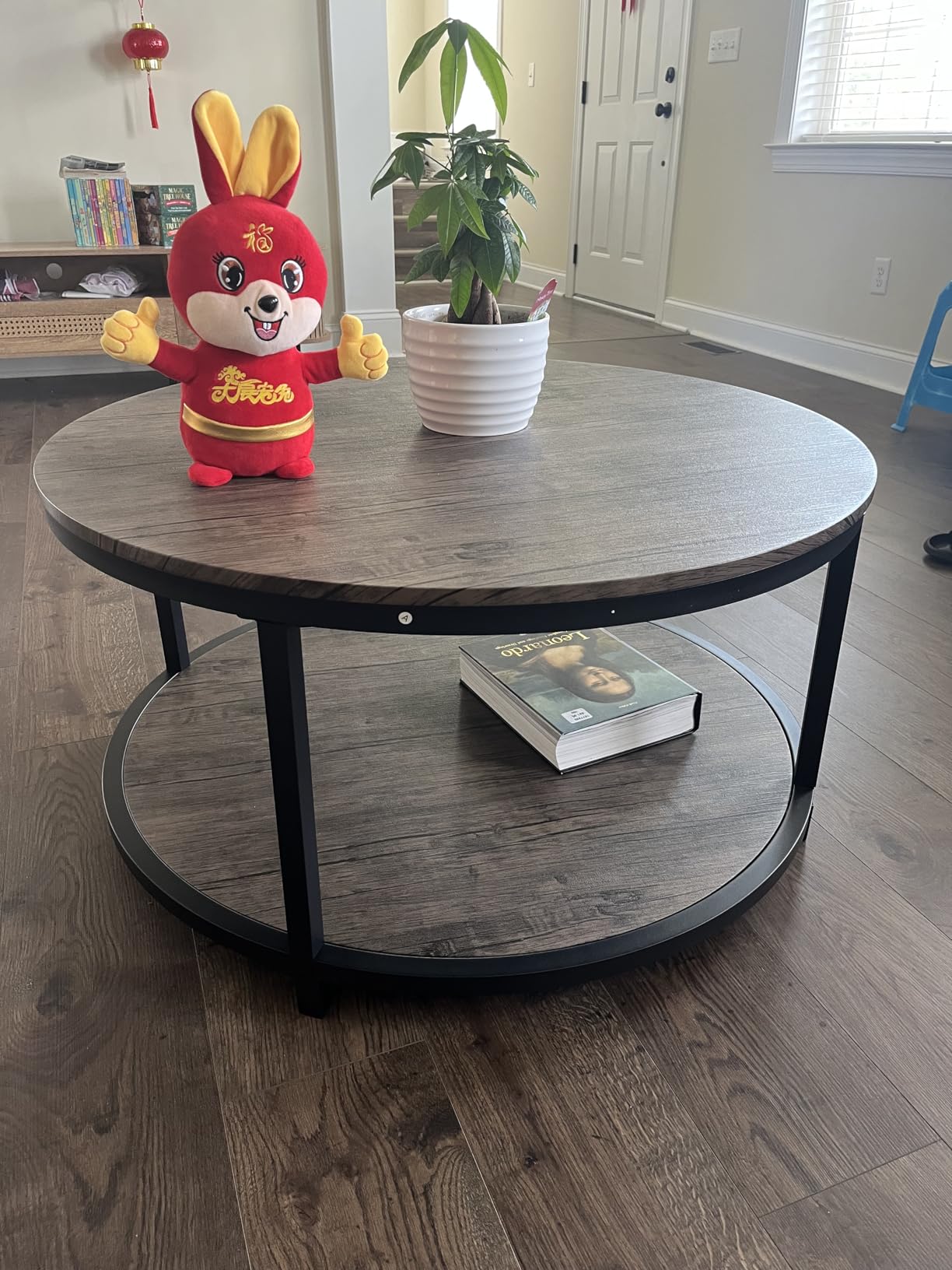 NSdirect 36 inches Round Coffee Table, Rustic Wooden Surface Top & Sturdy Metal Legs Industrial Sofa Table for Living Room Modern Design Home Furniture with Storage Open Shelf (Brown) customer photo 2