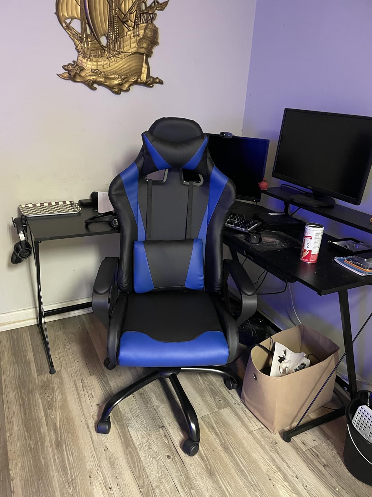 PayLessHere Ergonomic Racing Desk Chair Gaming Chair Computer Chair with Armrests 360° Swivel & Caster Pu Desk Task Chair Executive Headrest Lumbar Support for Back Pain Women Men and Adults (White) customer photo 2