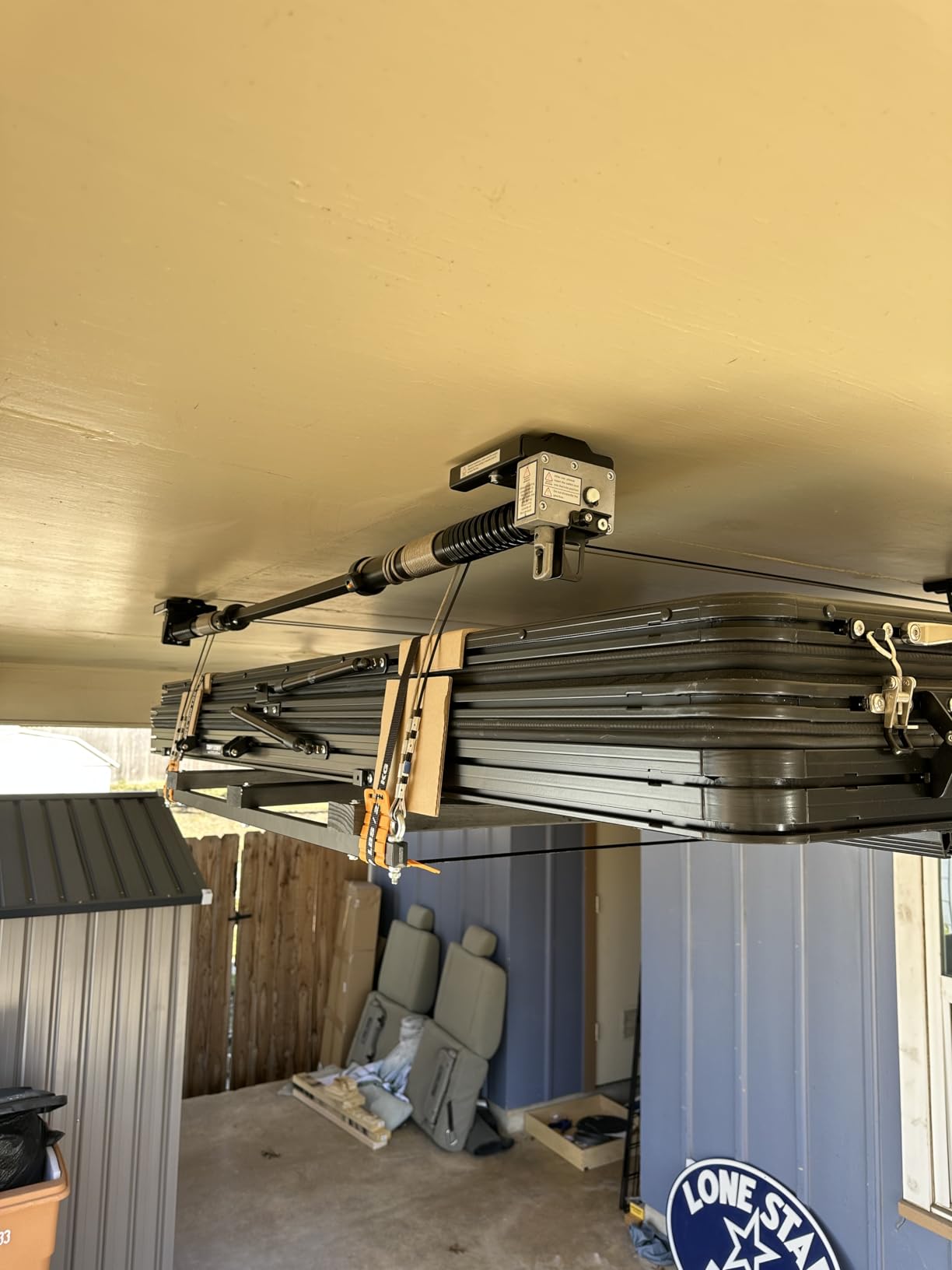 FLEXIMOUNTS GL1 Overhead Garage Lifting Storage Rack, 4x4 Ft Heavy-Duty Metal Garage Ceiling Rack, Adjustable Organization System With 71''L Axle, 350lbs Weight, Black customer photo 1