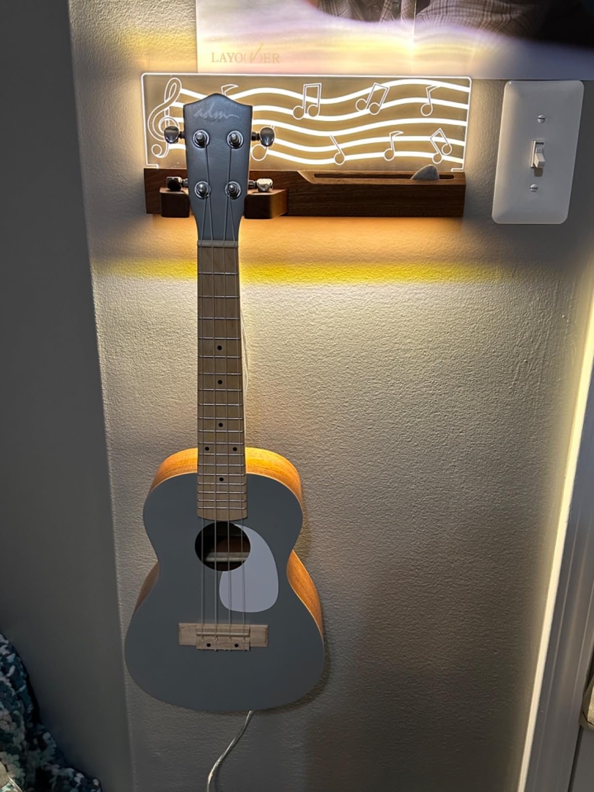 CoolGift Mart LED Guitar Wall Mount Stand with Picks Holder - Solid Wood & Acrylic USB-Powered Guitar Accessories as Decor - Gift for Men, Guitar Players, Music Lovers (for Acoustic, Electric Bass, Ukulele) customer photo 2