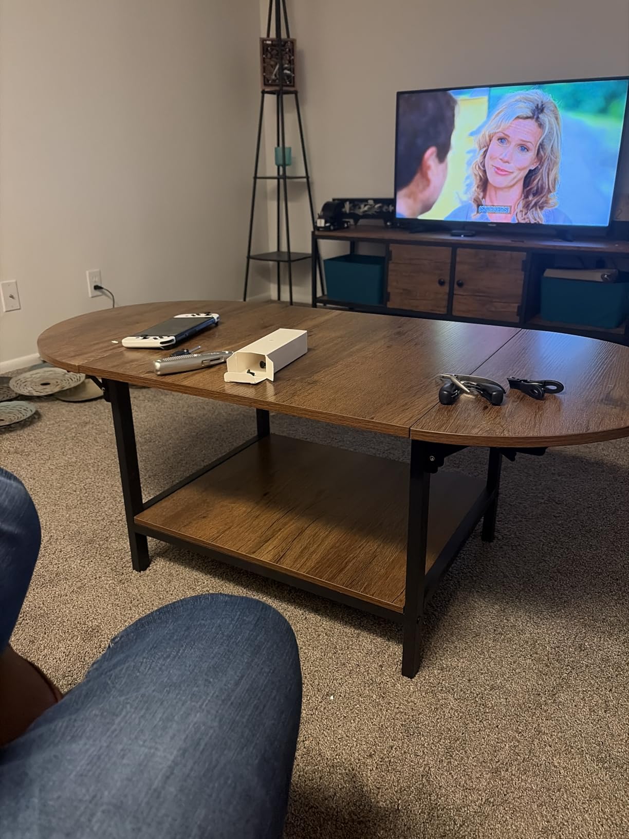SAYGOER Folding Coffee Table for Living Room, Small Coffee Tables with 2-Tier Storage, Mid Century Modern Center Table for Small Space, Oval Farmhouse Table Square, Dark Brown customer photo 1