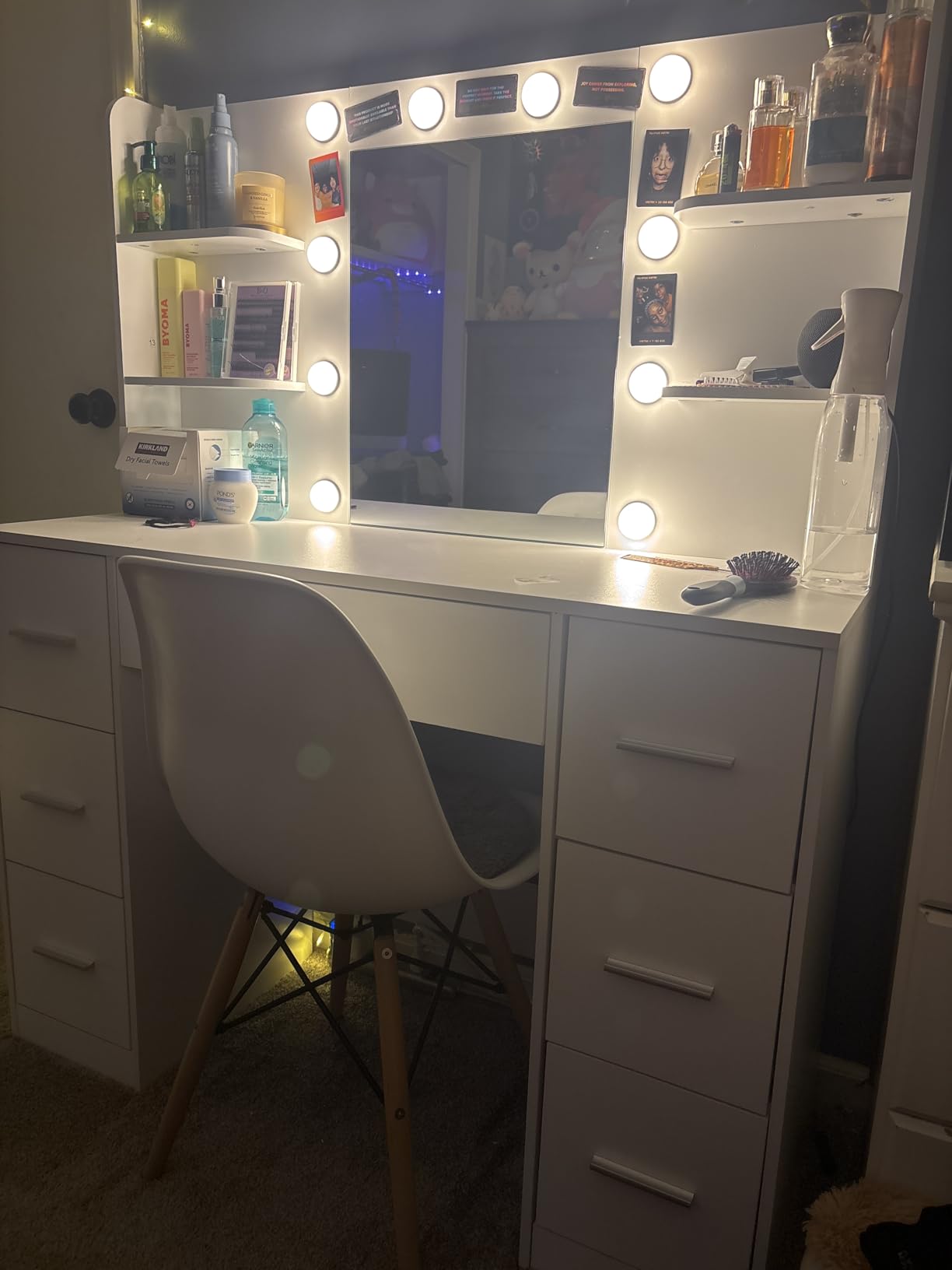 YESHOMY Vanity Desk with Mirror, Power Outlet and 10 Lights, Makeup Table with 7 Drawers, 3 Color Modes Available for Bedroom, Pure White customer photo 1