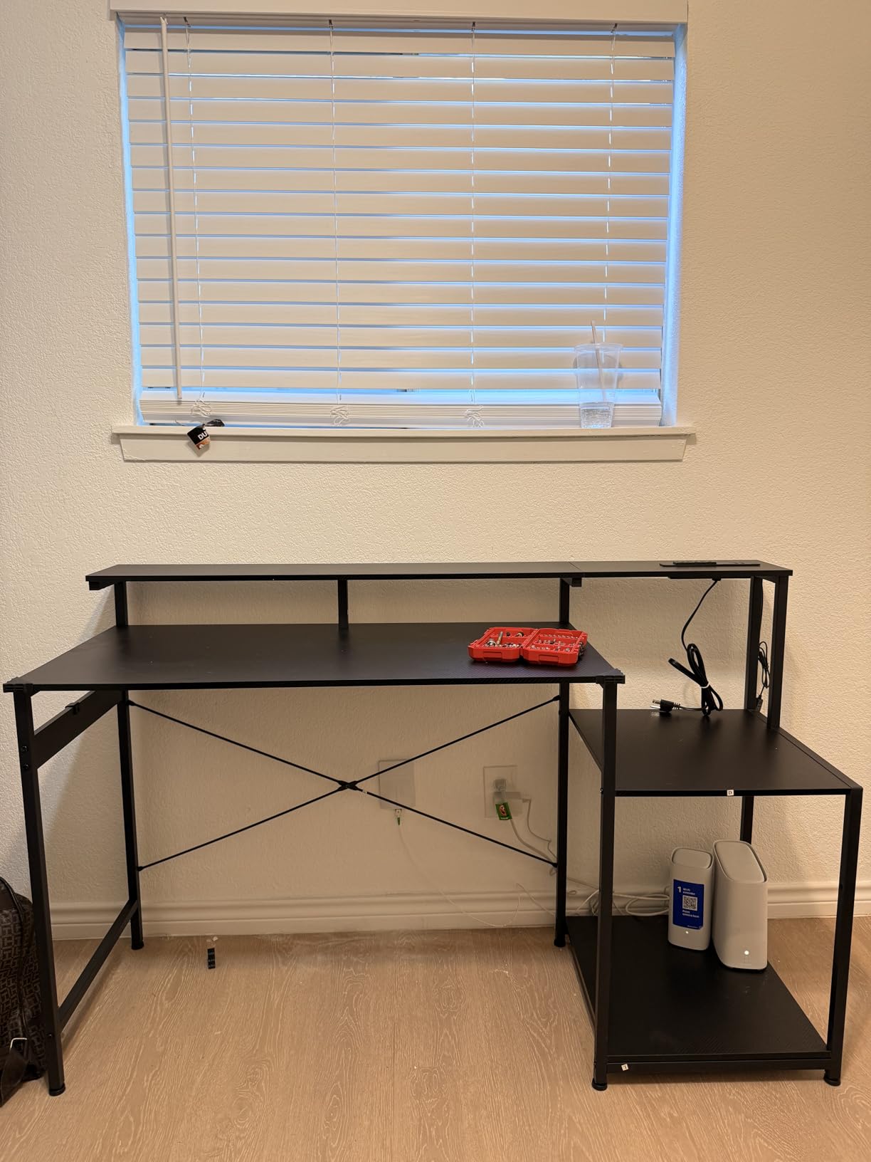 AODK 48 Inch Gaming Desk with LED Lights, Computer Desk with Storage Shelves, Reversible Desk with Monitor Stand, Carbon Fiber Black customer photo 1