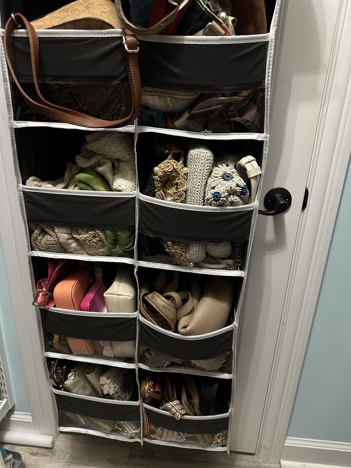 Heavy Duty Over The Door Organizer 5 Tiers, Extra Large Behind Door Storage of 10 Big Front & 10 Mesh Pockets, 80lb Weight Capacity, Hanging Doors Storage Organizer for Closet Bedroom Nursery, Grey customer photo 1