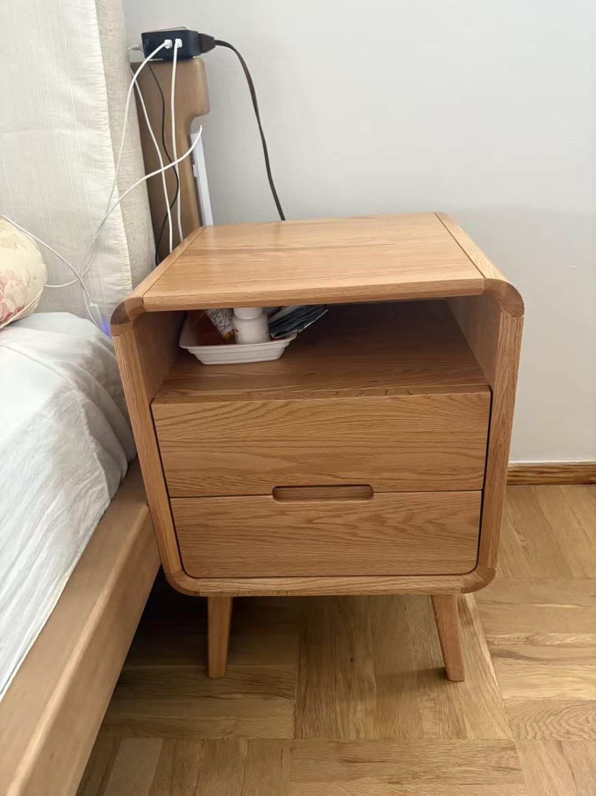 100% Solid Wood Nightstand, Walnut Night Stand with Drawer and Open Shelf, Mid Century Nightstand, Wooden Nightstands, Small Nightstands for Small Spaces Bedroom(Dark Black Walnut, 20.47