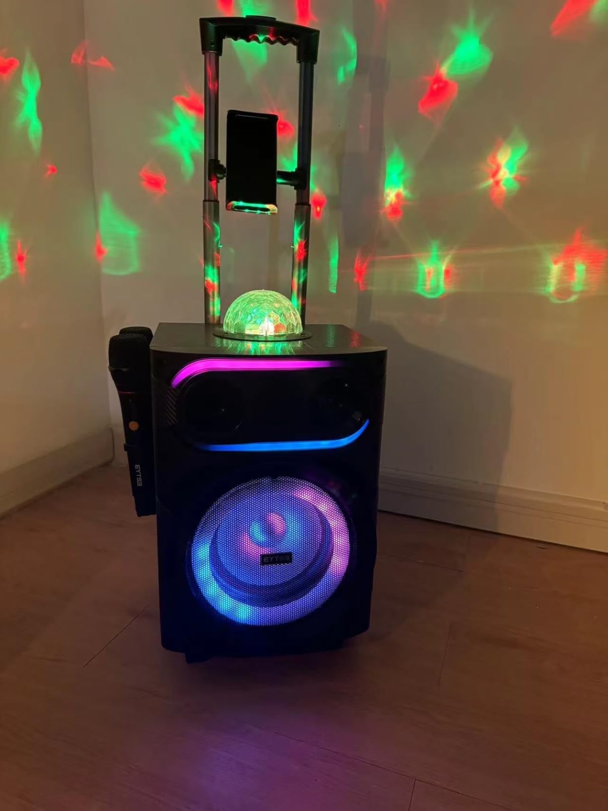 Karaoke Machine for Adults with 2 Wireless Microphones, BT PA System with Disco Ball LED Lights, Rolling Wheels, Tablet Holder, Remote Control, Support TWS/USB/AUX/TF/REC/FM for Home Parties customer photo 1