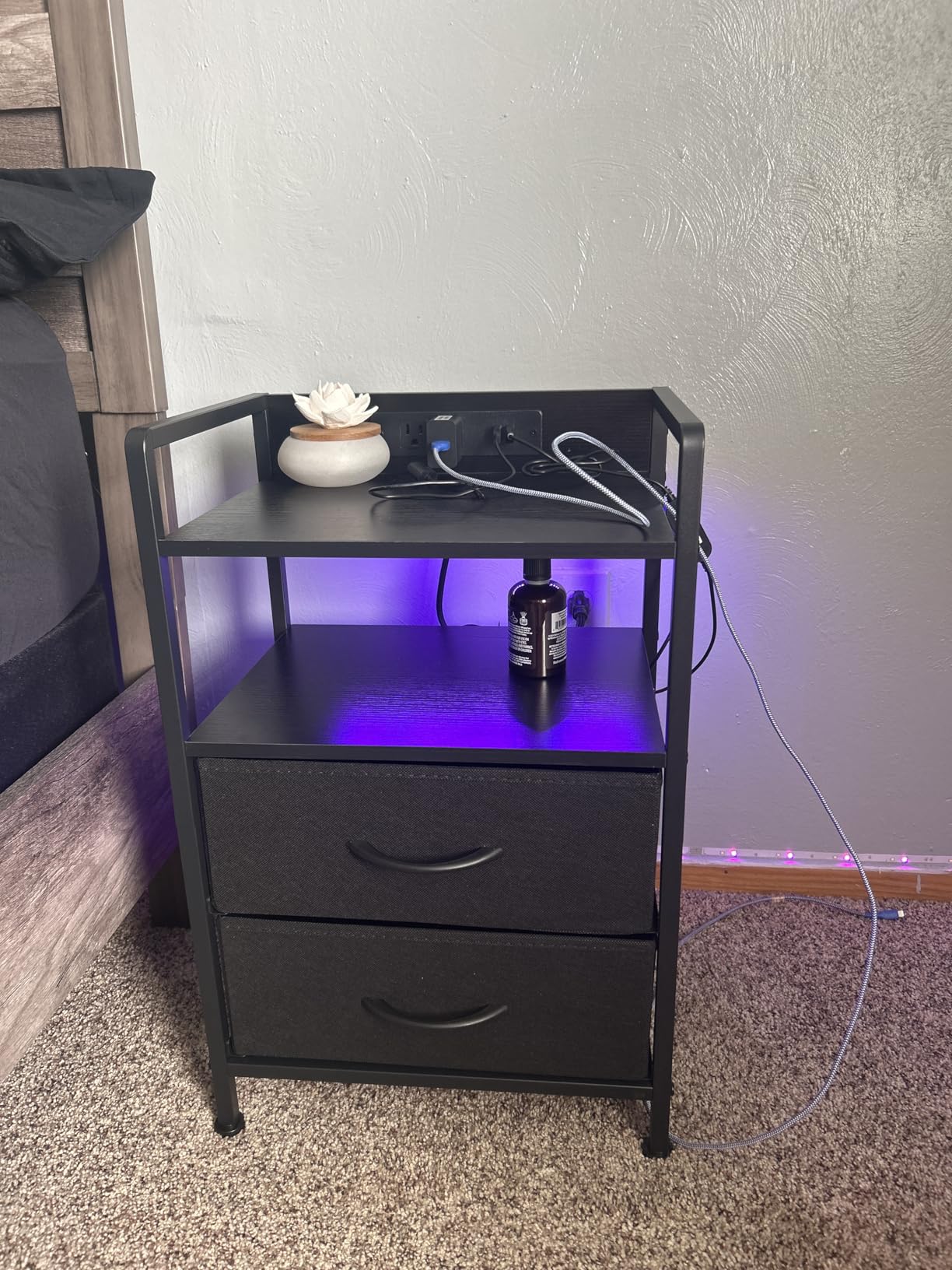 Lazzanto Night Stand Bedside Charger Bedroom - Nightstand with Charging Station & LED Light Strip, Night Stand with Storage Shelf & 2 Fabric Drawers, Morden End Table with U-S-B Ports & AC Outlets customer photo 1