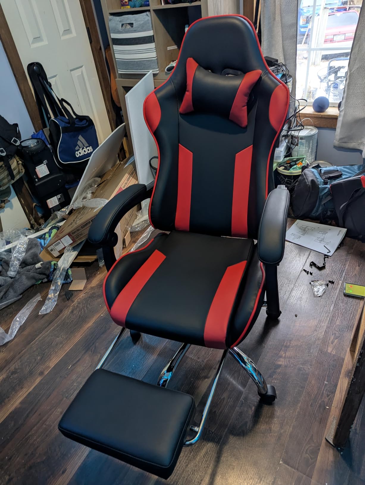 Sweetcrispy Video Game Desk Chair - Ergonomic Computer with Footrest and Comfy Lumbar Support, PU Leather Recliner with Headrest, Fixed Up Armrest, Height Adjustable with 360° Swivel, for Adults, Blue customer photo 2