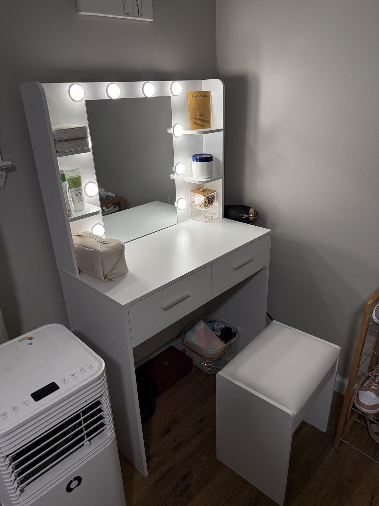 Furmax Make up Vanity Desk with Mirror and Power Outlet, Vanity with 3 Color Light Options Adjustable Brightness,Vanity Desk with 2 Drawers, 6 Storage Shelves (White, with Bench) customer photo 2