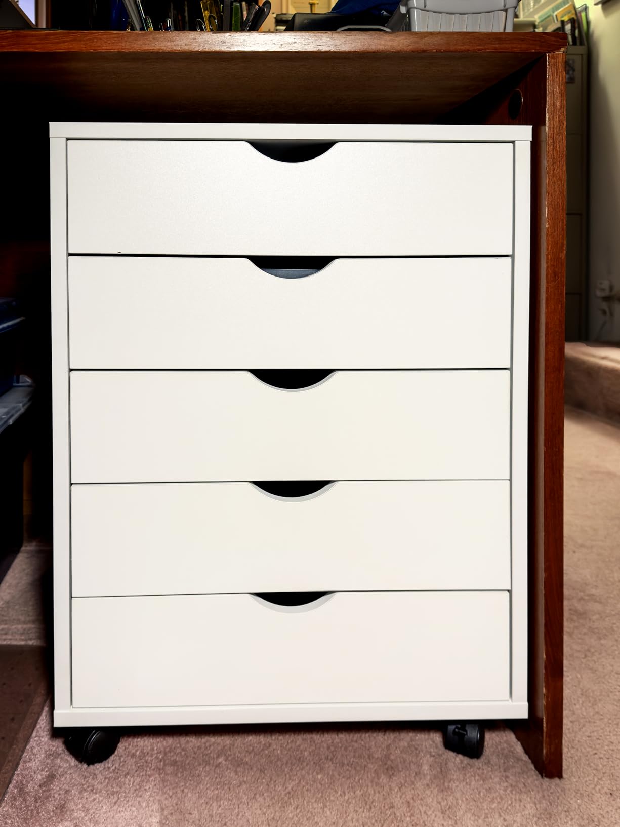 Sweetcrispy 5 Drawer Chest Mobile Storage Cabinets Small Wooden Dresser with Wheels Room Organization Furniture for Office Home, Rolling Vertical Organizer for Home Office, White Wood customer photo 2
