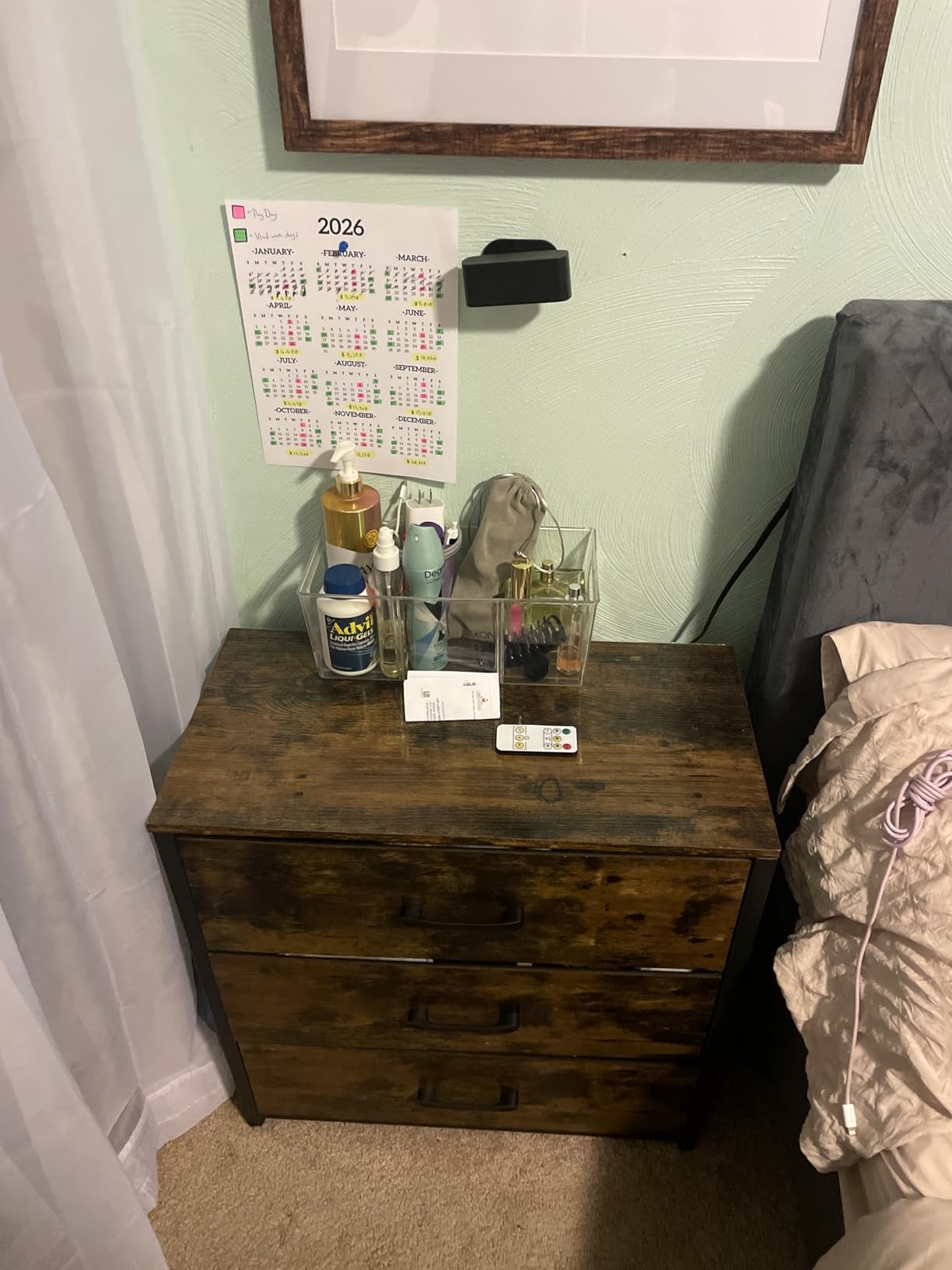 Memobarco Nightstand, Farmhouse Night stand with 3 Storage Drawer, Small Dresser for Bedroom, Chest of Drawers Fabric Dressers with Steel Frame, Wooden Top Front Bedside Table for Small Space, White+walnut customer photo 2