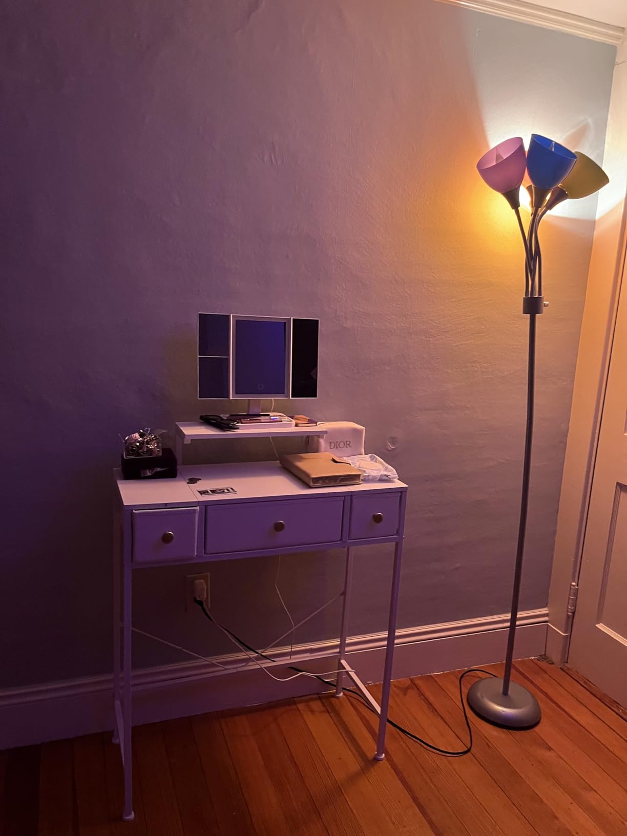 HIGDBFE Small Makeup Vanity Desk 27.5''W with Mirror and Lights, Vanity Desk with 3 Fabric Drawers and Height-Adjustable Stand, Vanity Table for Girls Gifts, Bedroom and Small Spaces, White customer photo 2