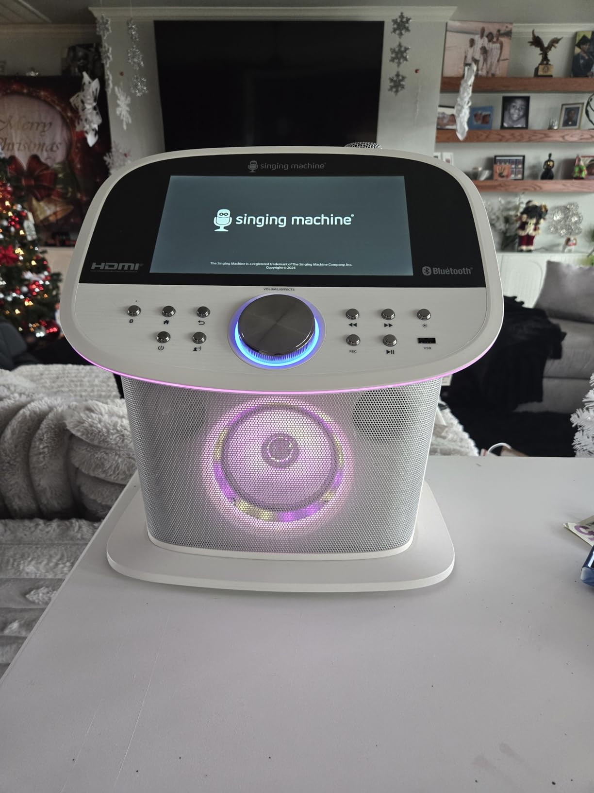 Singing Machine Platinum Plus All-in-One Karaoke System with 2 Wireless Mics, Bluetooth/WiFi, Portable Premium Sound Speaker, App Compatible (YouTube, Spotify) for Home & Parties - White customer photo 1