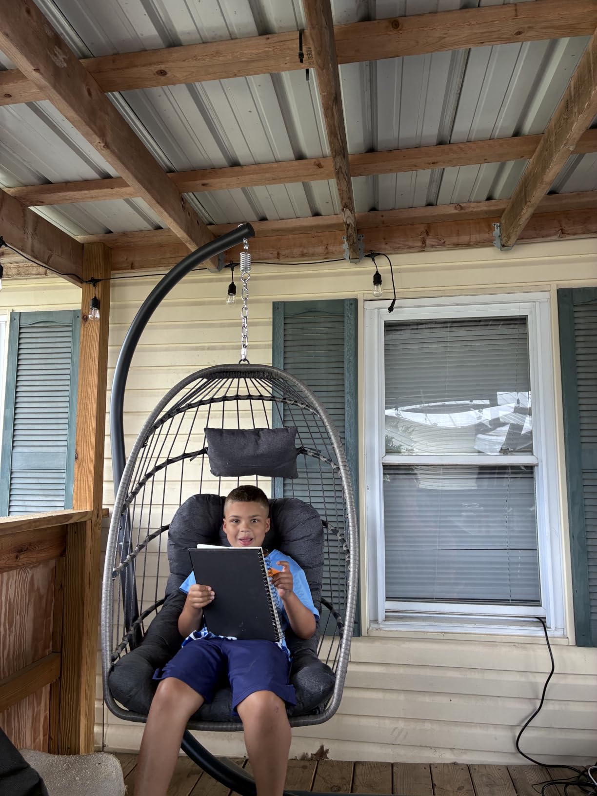 SWITTE Egg Chair Outdoor with Stand, Indoor Wicker Hanging Egg Swing, Grey | Patio Swinging Chair with Thick Cushion, Egg Shaped Swing for Bedroom Porch Balcony, Rattan Hammock Chairs 370 LBS Capacity customer photo 1