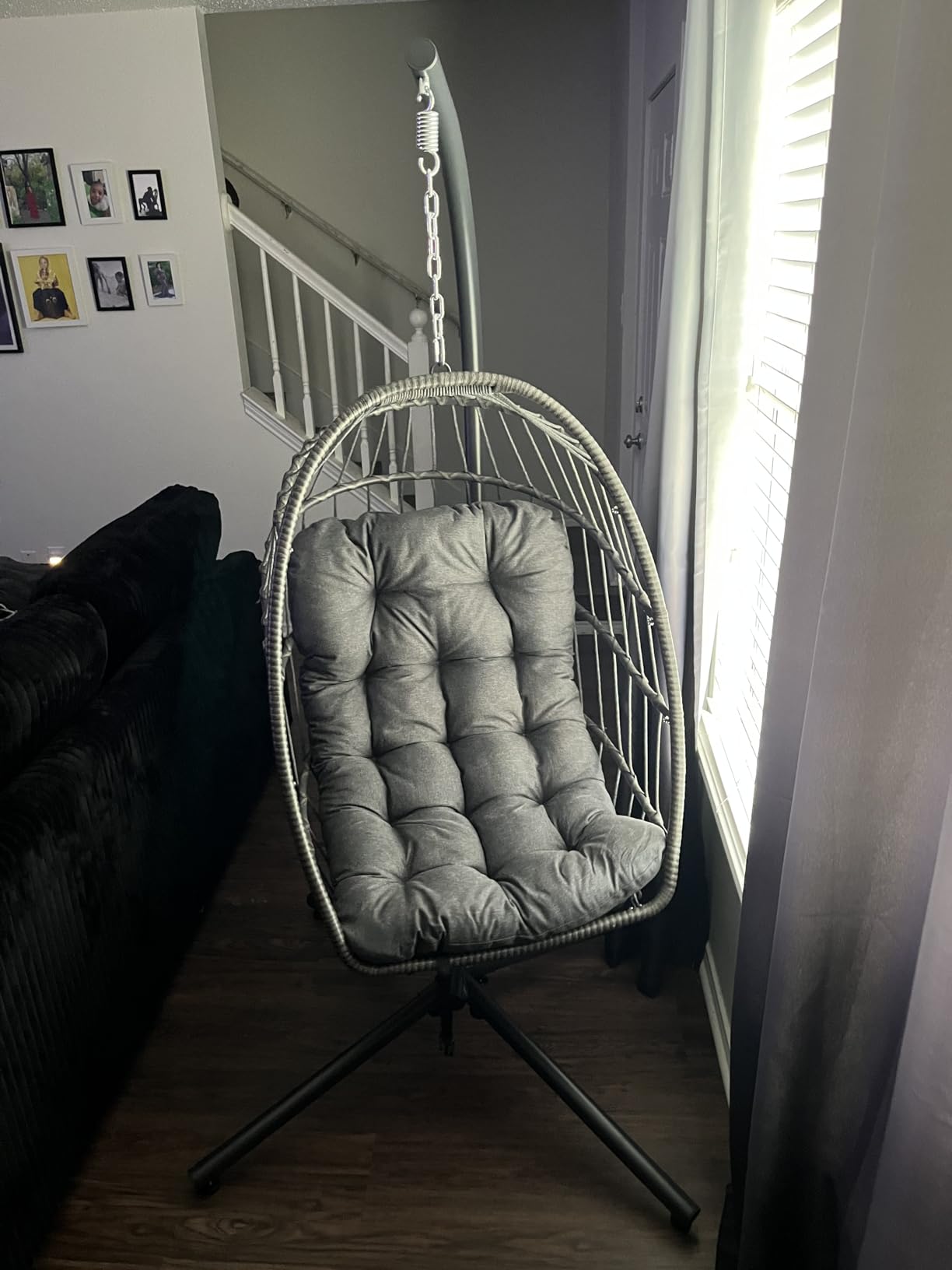 SWITTE Egg Chair Outdoor with Stand, Indoor Wicker Hanging Egg Swing, Grey | Patio Swinging Chair with Thick Cushion, Egg Shaped Swing for Bedroom Porch Balcony, Rattan Hammock Chairs 370 LBS Capacity customer photo 2