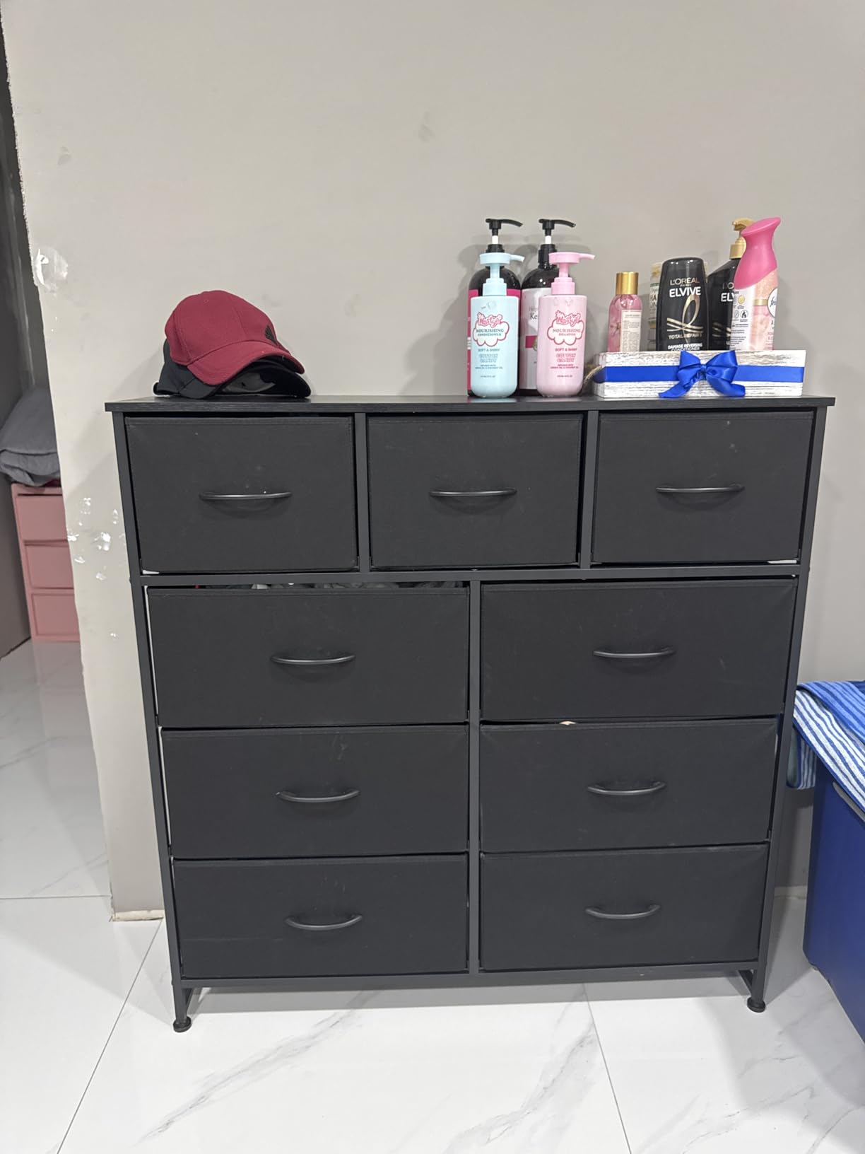 DUMOS Dresser for Bedroom, Storage Organizer with 9 Drawers, Chest of Drawers with Fabric Bins, Sturdy Metal Frame, Wood Tabletop for Guest Room, Closet, Entryway, White customer photo 1