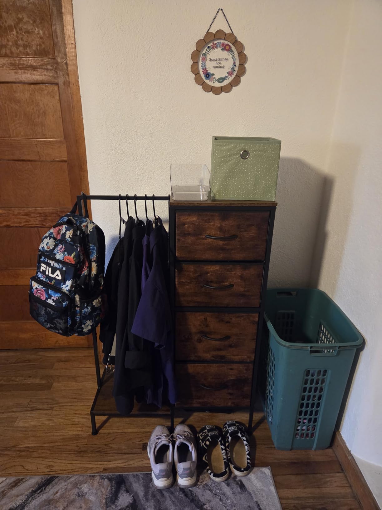 HIGDBFE Tall Dresser 44''H with Hanging Rack, 4 Drawers Small Closet Dresser for Bedroom, Reversible Fabric Chest of Drawers with Clothes Rack customer photo 2