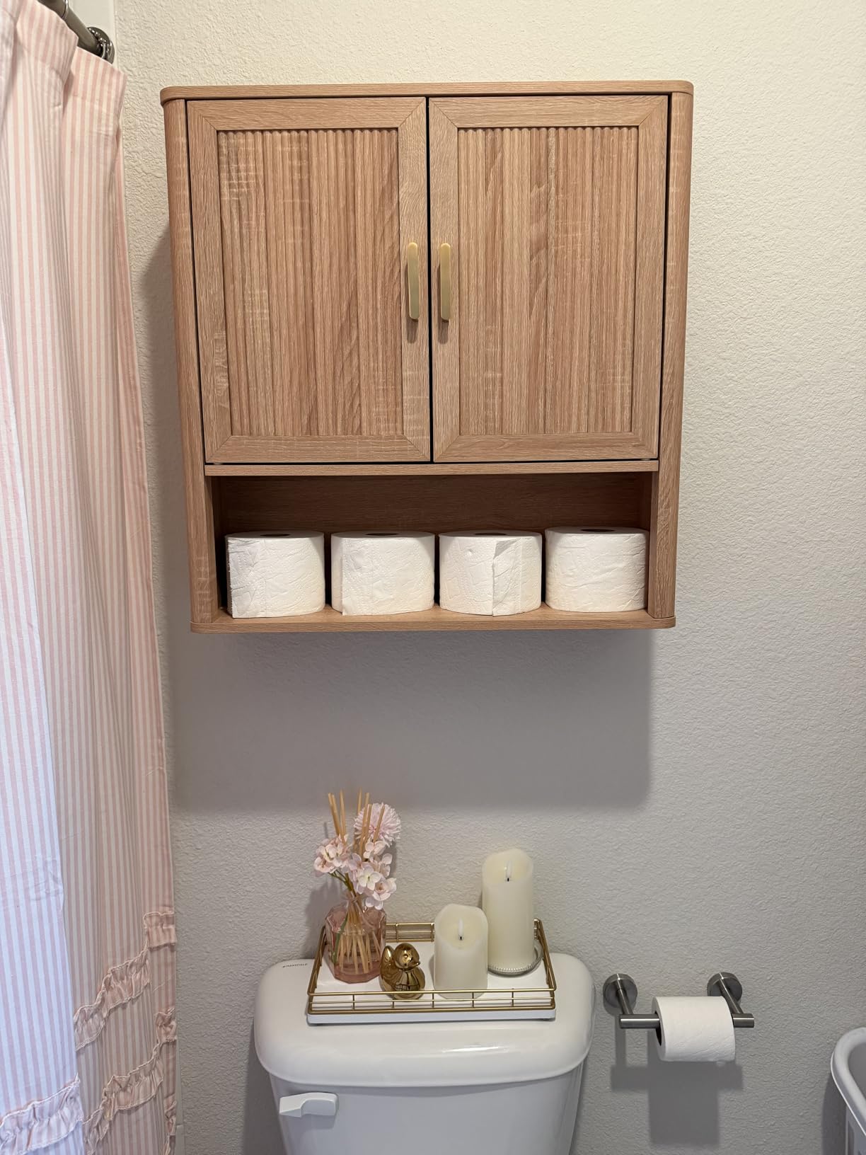 INNOD Bathroom Wall Storage Cabinet, Medicine Cabinet with Adjustable Wood Shelf & Doors, Over the Toilet Storage Cabinet for Laundry Room & Living Room Kitchen Storage Islands (Natural Oak) customer photo 1