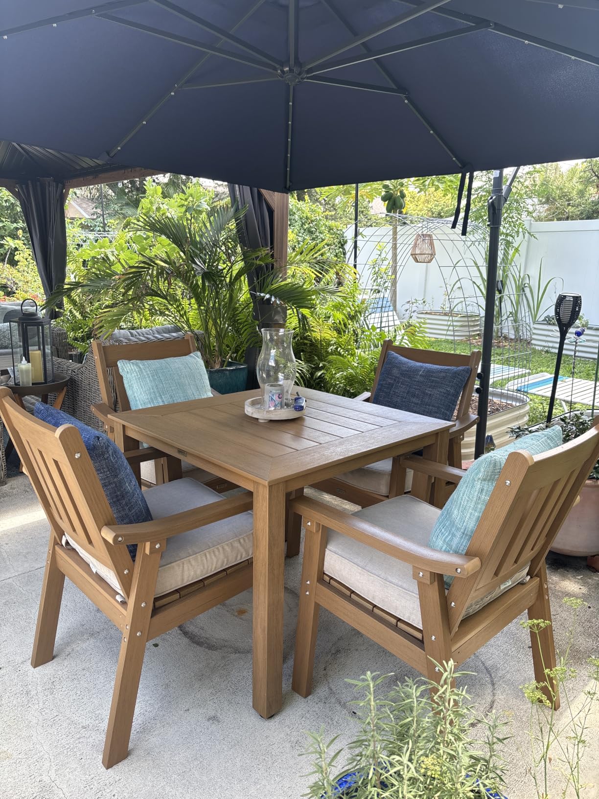 YEFU 7-Piece Patio Table Set, All-Weather HIPS, Metal Aluminum Frame, Teak | Outdoor Table and Chairs Dining Furniture Set with Umbrella Hole, Modern Plastic Dining Sets 6 Person for Outside Deck customer photo 1