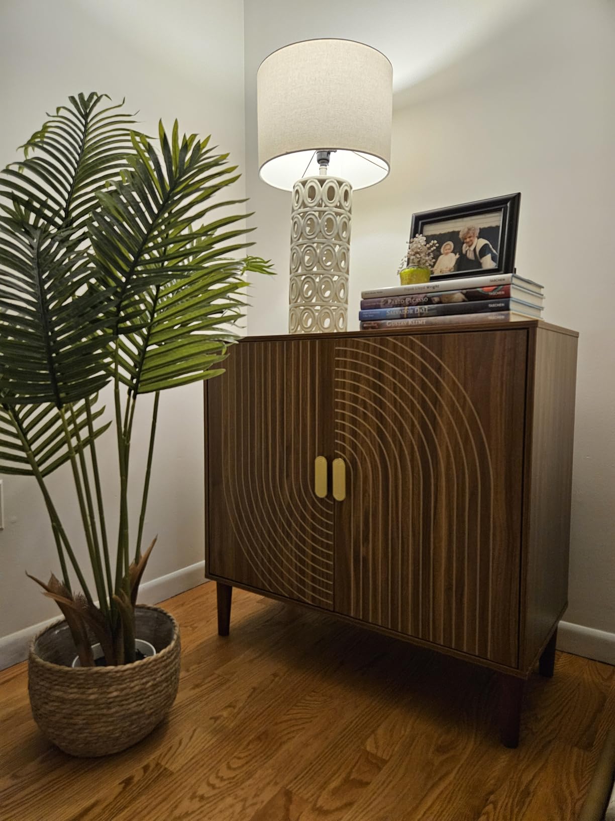 Smuxee Walnut Sideboard Cabinet, Freestanding Buffet Cabinet with Line Groove Design, Wood Storage Cabinet with Adjustable Shelf for Living Room, Entryway, Hallway customer photo 2