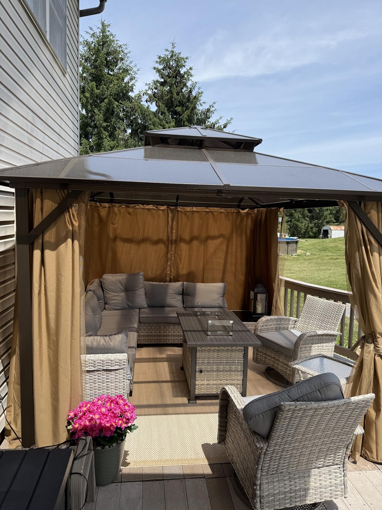 Aoxun 12'x10' Hardtop Gazebo with Polycarbonate Double Roof, Brown | Metal Frame Outdoor Permanent Pavilion with Breathable Netting and Privacy Curtain for Garden, Lawns, Patio customer photo 2