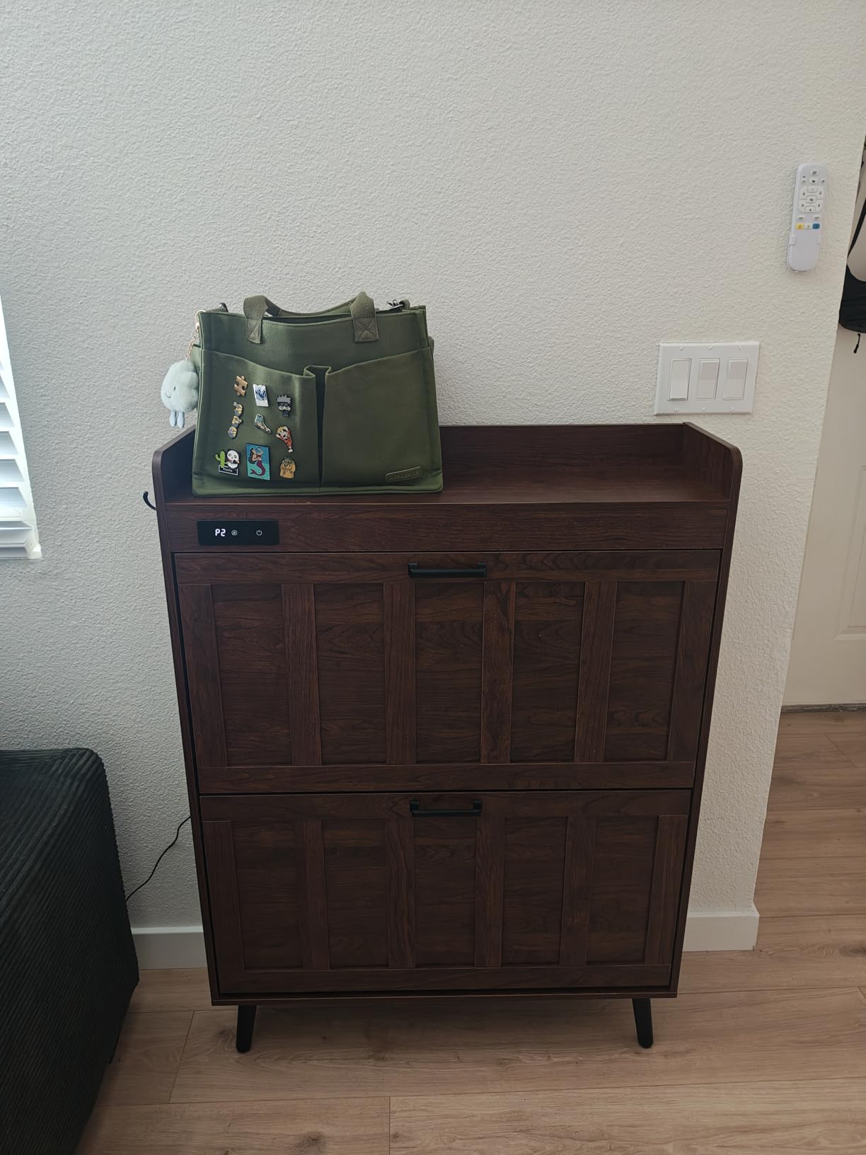 ChooChoo Shoe Storage Cabinet with 2 Flip Drawers, Deodorizing Shoe Organizer Storage for Entryway, Freestanding Hidden Slim Narrow Shoe Rack Cabinet, Walnut customer photo 2