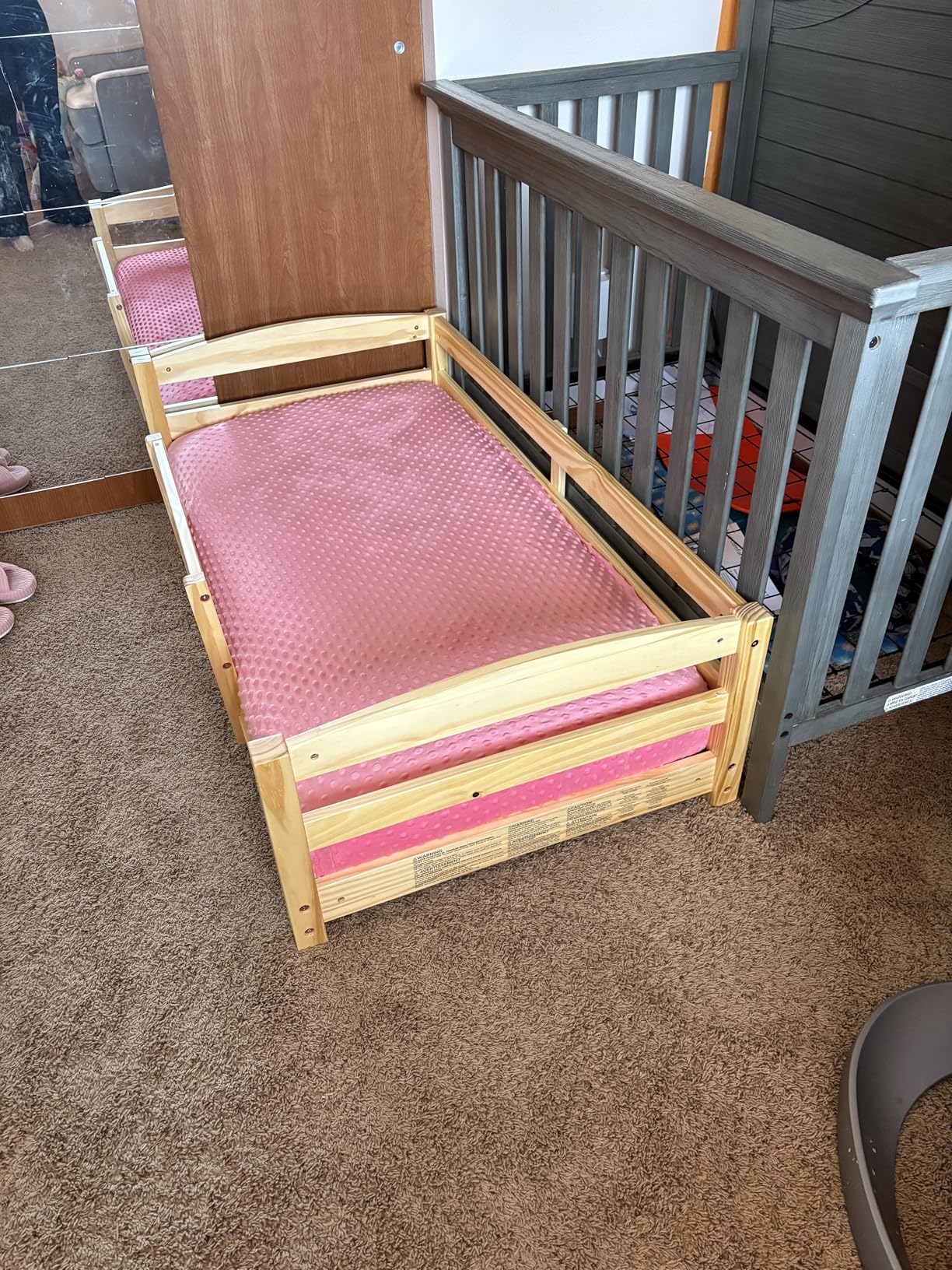 Ocodile Toddler Bed with Rails | Low Montessori Floor Bed Frame for Kids | Standard Crib Size Wooden Frame for Independent Toddlers 1-3 - Varnished customer photo 1