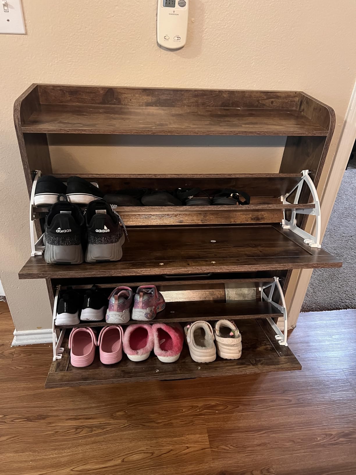 Nicetree Shoe Cabinet Organizer with 2 Flip Drawers, Freestanding Narrow Rack with Metal Legs, Farmhouse Slim Shoe Storage for Entryway, Foyer, Hallway, Rustic Brown customer photo 2