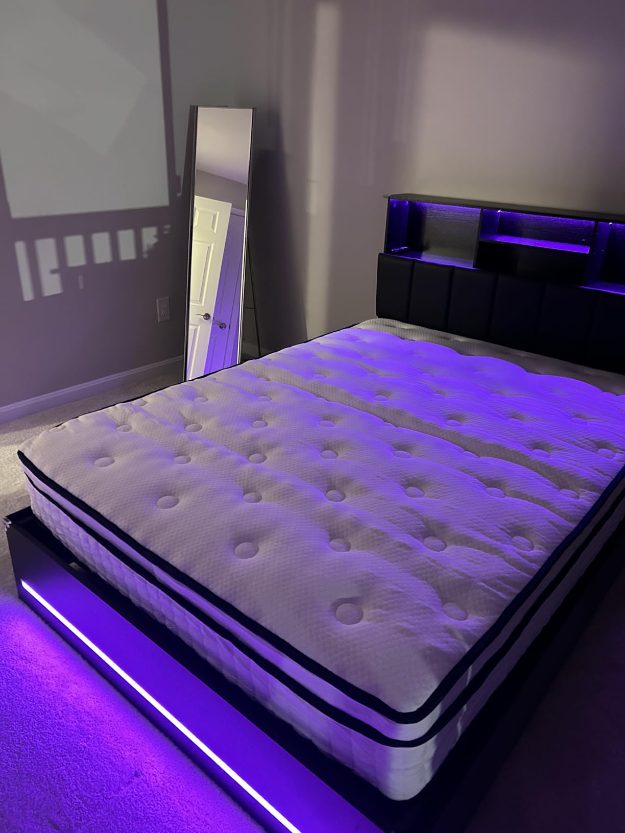 VIAGDO Queen Bed Frame with Bookcase Headboard, Wooden Bed Frame Queen Size with Charging Station, 4 Storage Drawers and LED Lights, with Type-C and USB, No Box Spring Needed, Black customer photo 1