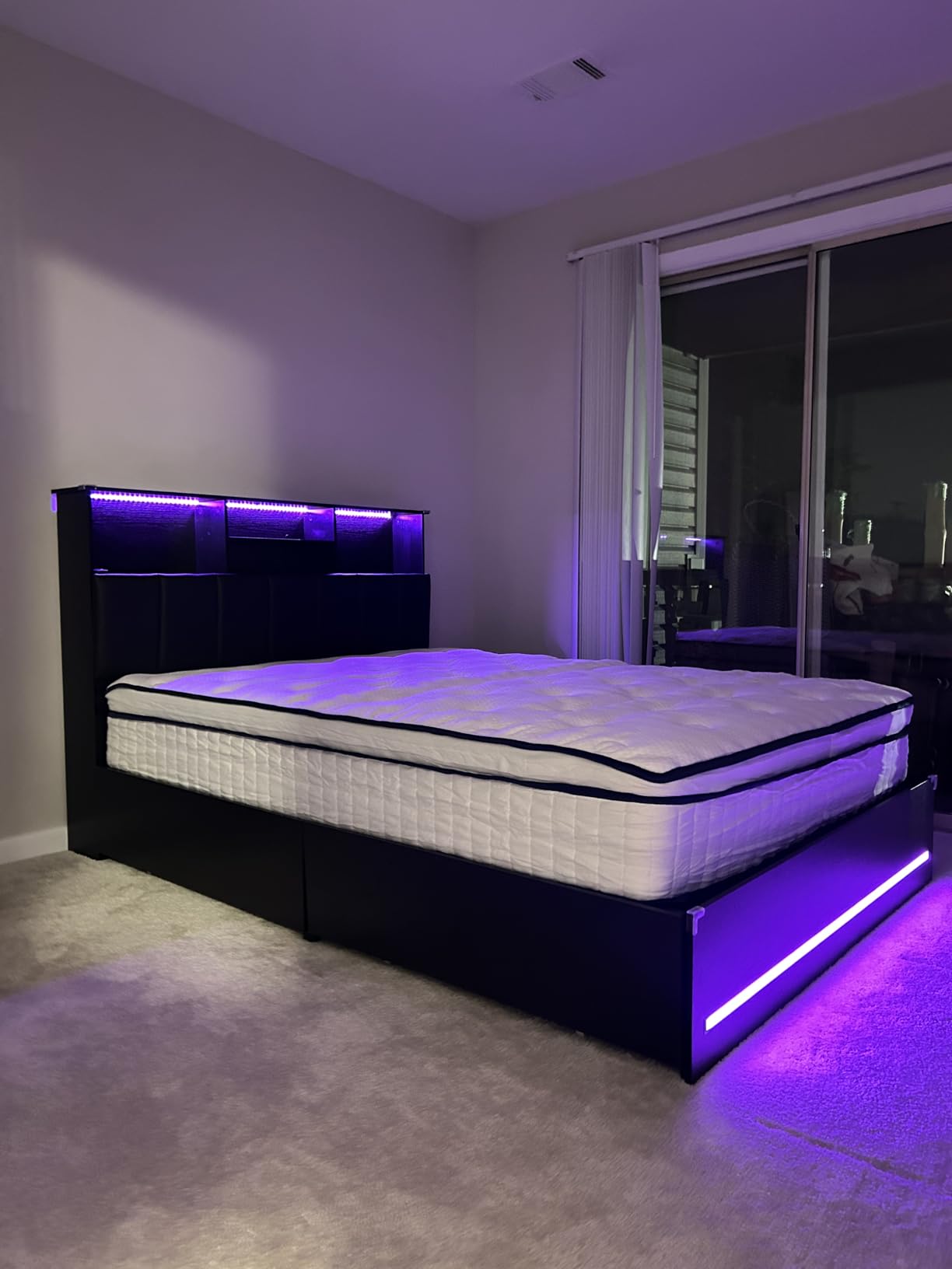 VIAGDO Queen Bed Frame with Bookcase Headboard, Wooden Bed Frame Queen Size with Charging Station, 4 Storage Drawers and LED Lights, with Type-C and USB, No Box Spring Needed, Black customer photo 2