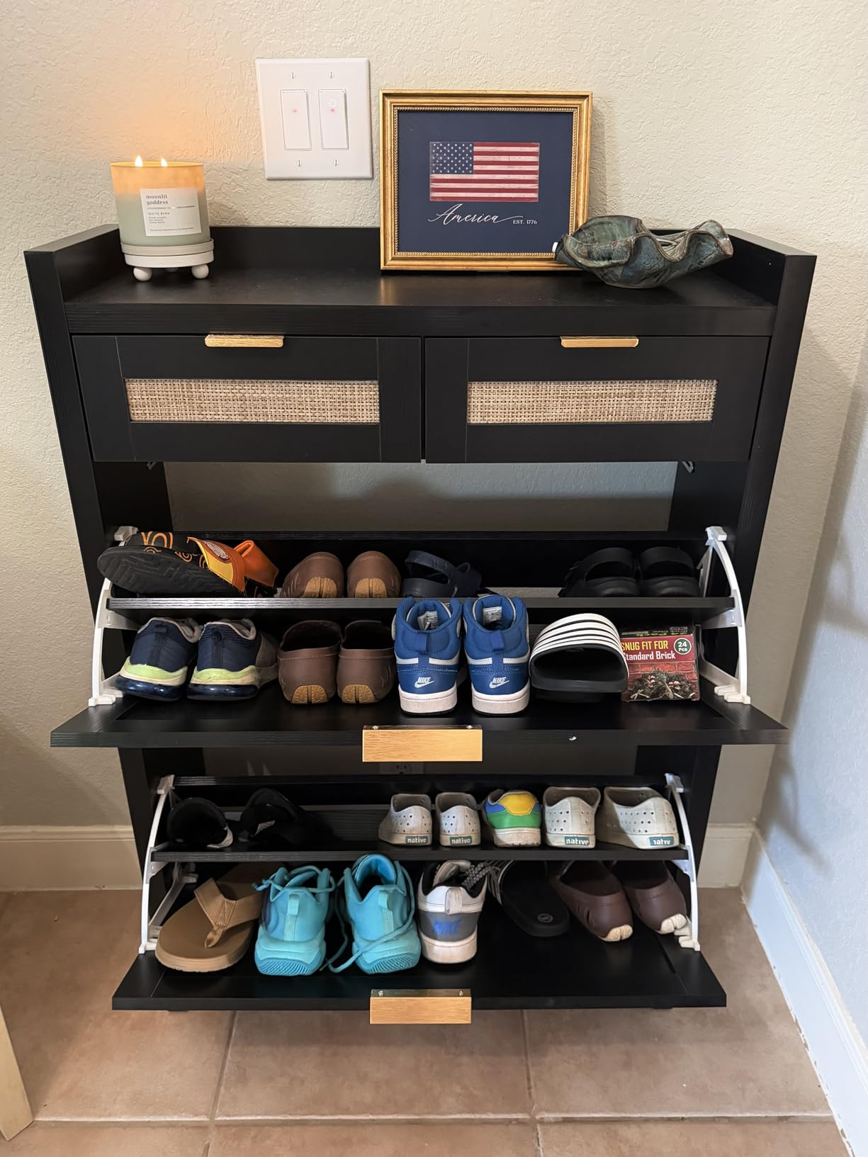 HOKYHOKY Rattan Shoe Storage Cabinet with 2 Drawers & 2 Flip Drawers - Hidden Slim Shoe Organizer for Entryway, Large Tabletop Space, Farmhouse Boho Narrow Shoe Rack, Rustic Oak customer photo 2
